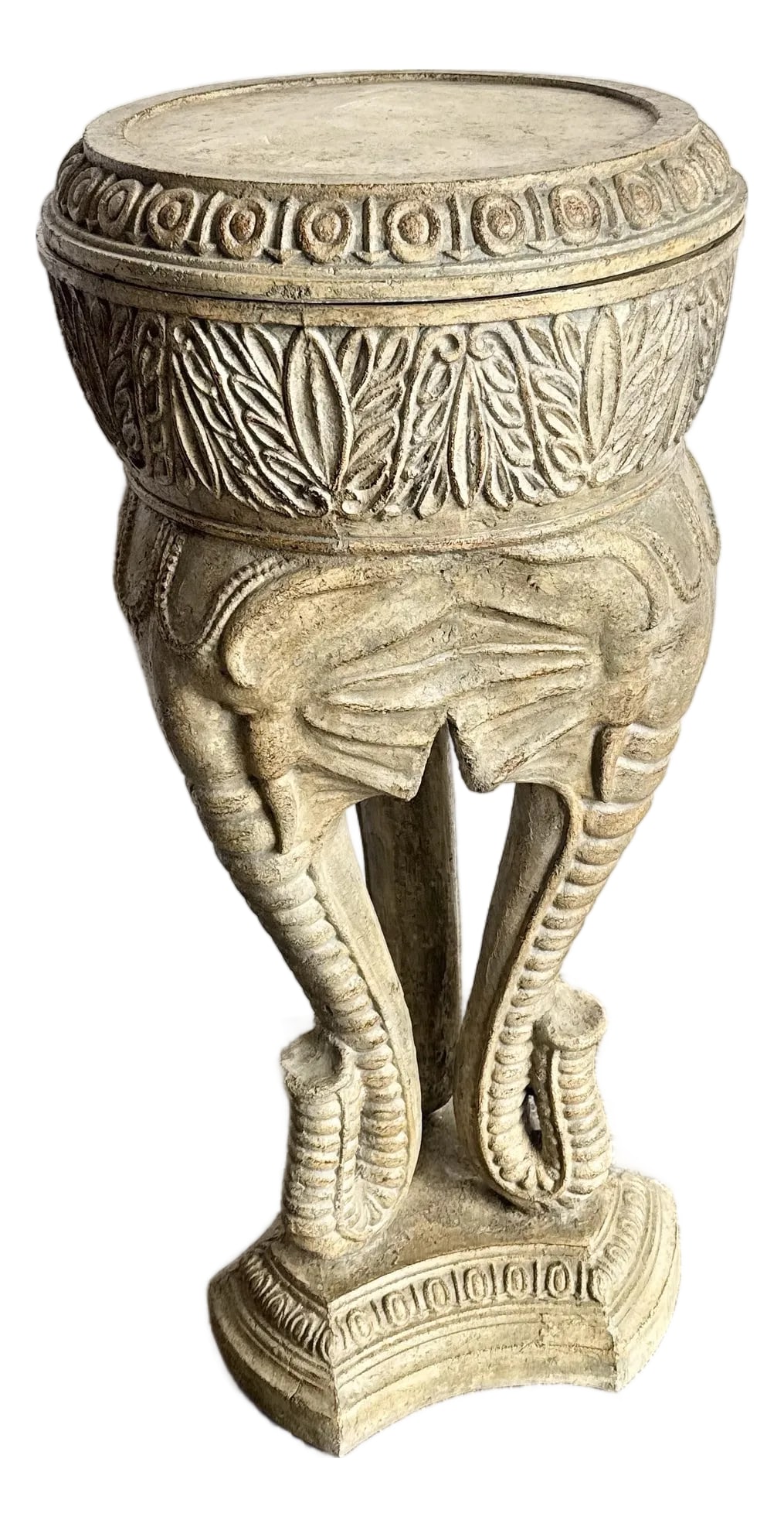 Vintage Regency Three Elephant Plant Stand/Pedestal: A striking statement piece, this vintage Regency pedestal features three intricately carved elephant heads forming the base of a round plant stand. Crafted with ornate detailing, the design blends