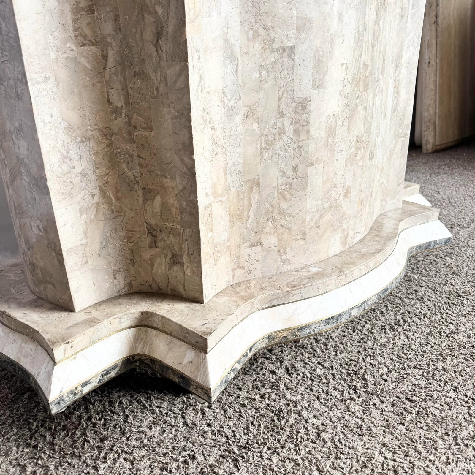 Postmodern Sculpted Grey White and Tan Tessellated Stone Dining Table Base With Brass Inlay - 10