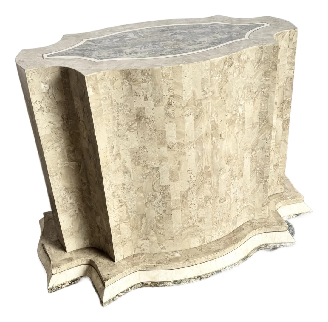 Postmodern Sculpted Grey White and Tan Tessellated Stone Dining Table Base With Brass Inlay: Elevate your dining or living space with this striking postmodern table base, sculpted in an undulating form that captures both drama and refinement. Crafted from tessellated stone in tones of grey, w