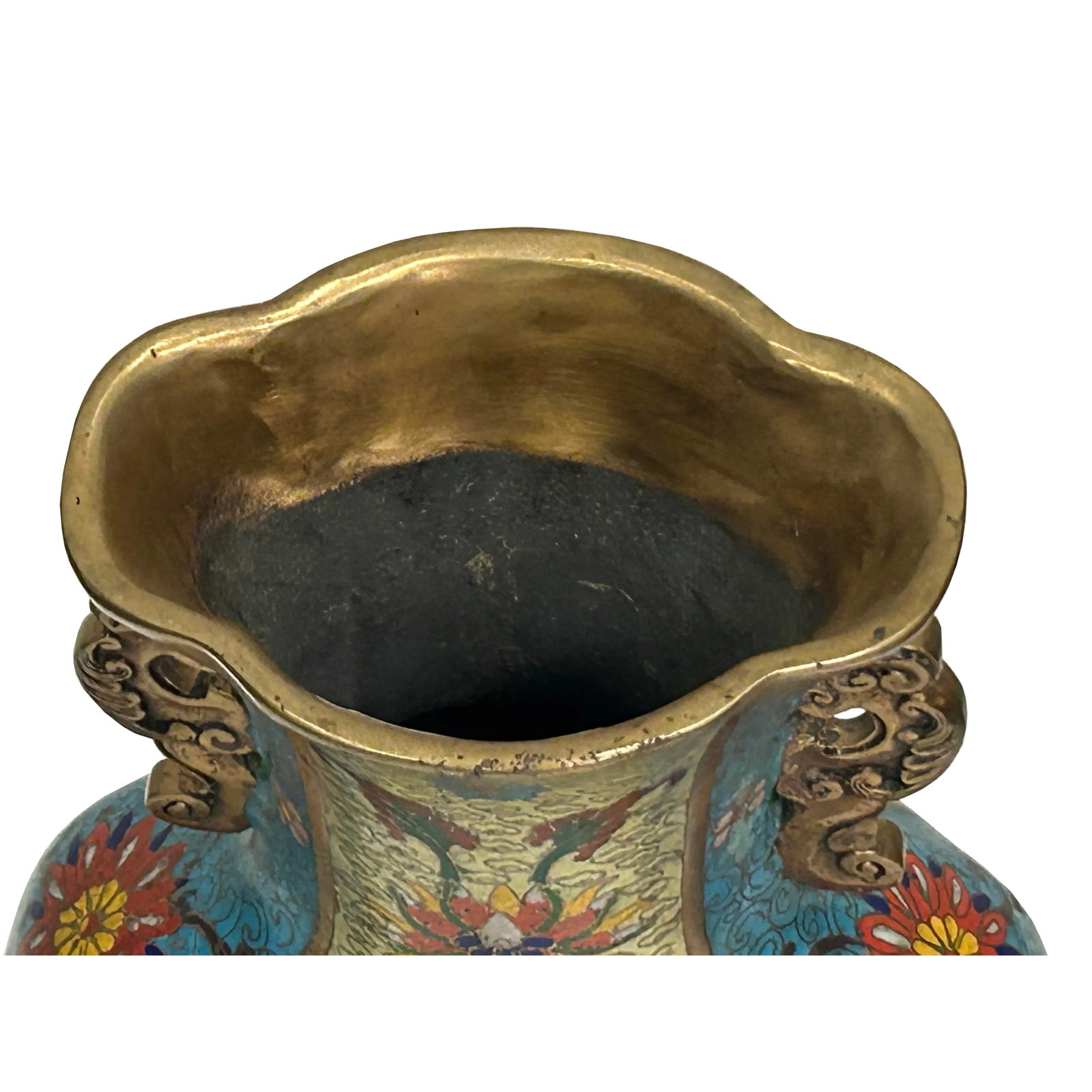 Vintage Cloisonné Vase Dragon Handles and Chinese Floral Motifs - 11