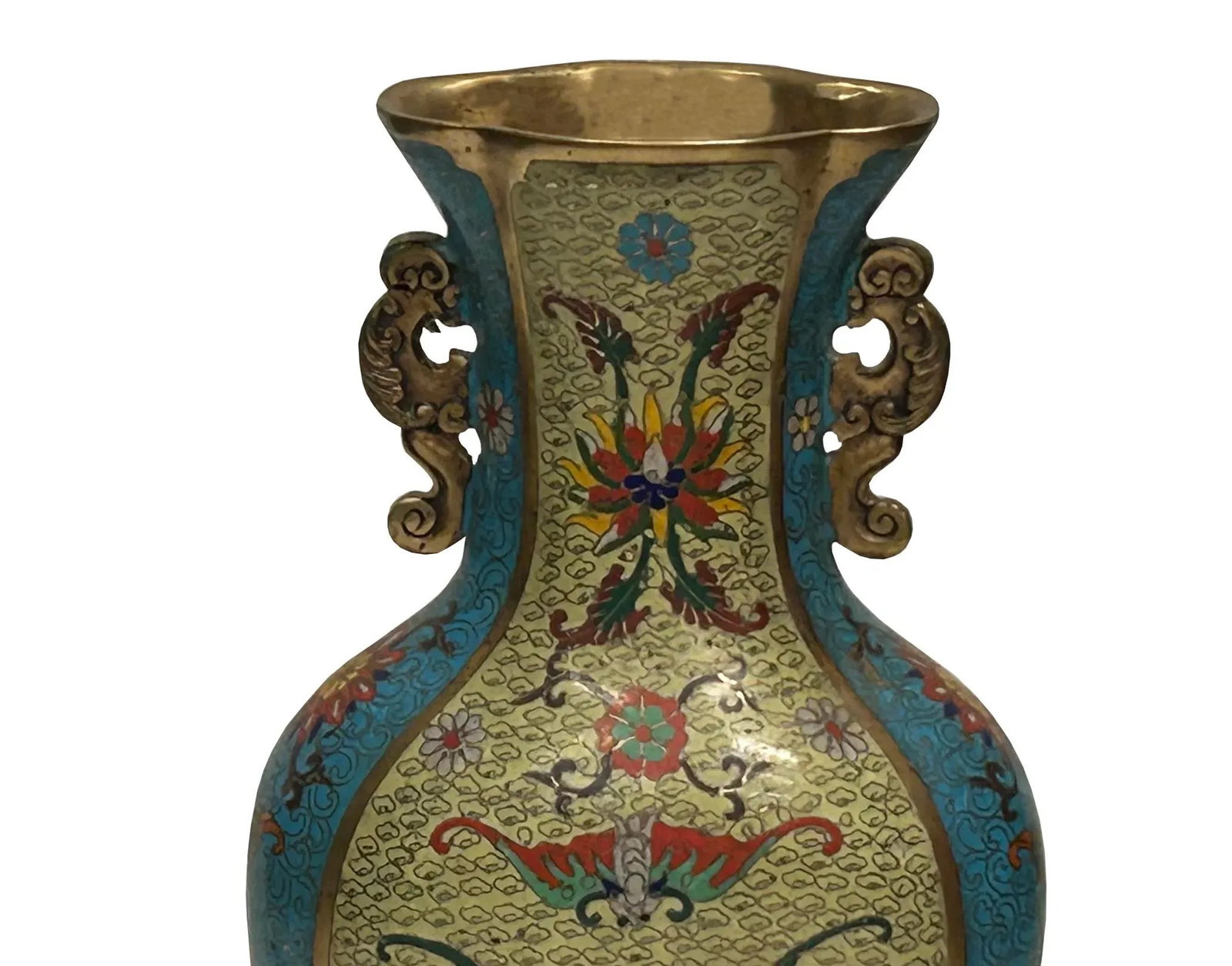 Vintage Cloisonné Vase Dragon Handles and Chinese Floral Motifs - 12