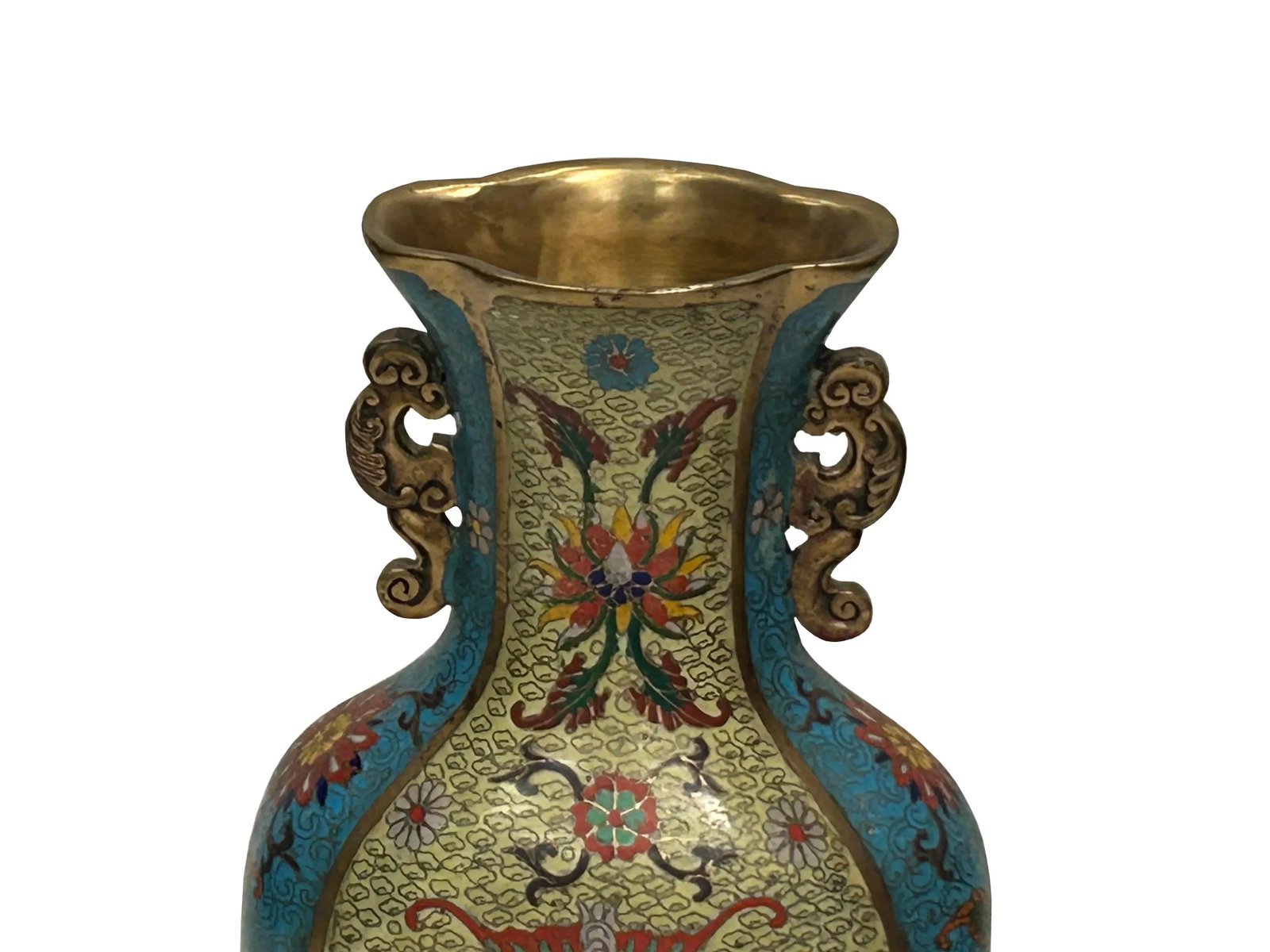 Vintage Cloisonné Vase Dragon Handles and Chinese Floral Motifs - 16
