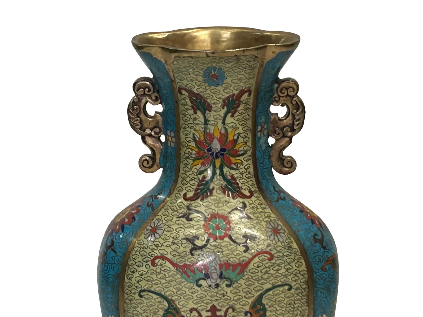 Vintage Cloisonné Vase Dragon Handles and Chinese Floral Motifs - 7