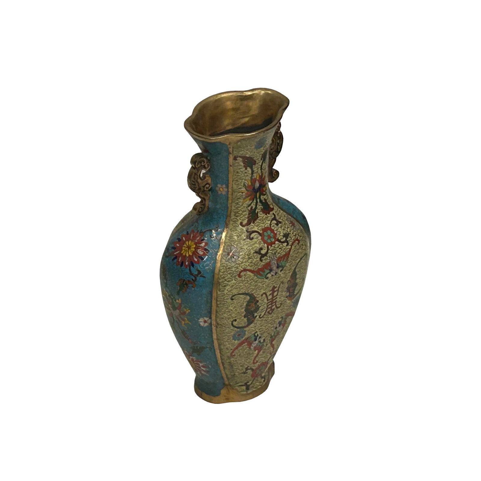 Vintage Cloisonné Vase Dragon Handles and Chinese Floral Motifs - 9