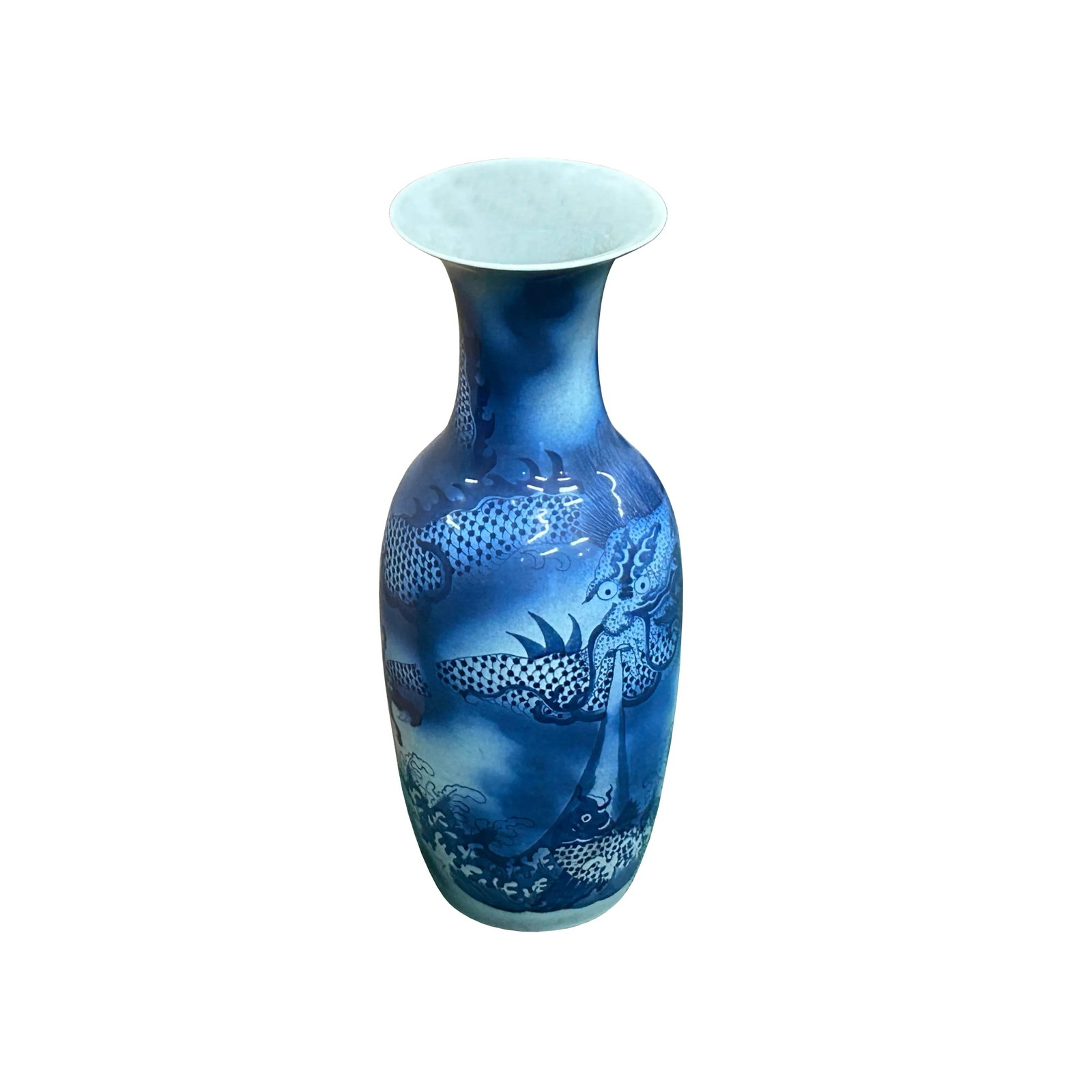 Pair Deep Blue Dragon Koi Fish Graphic Tall Porcelain Art Vases - 10