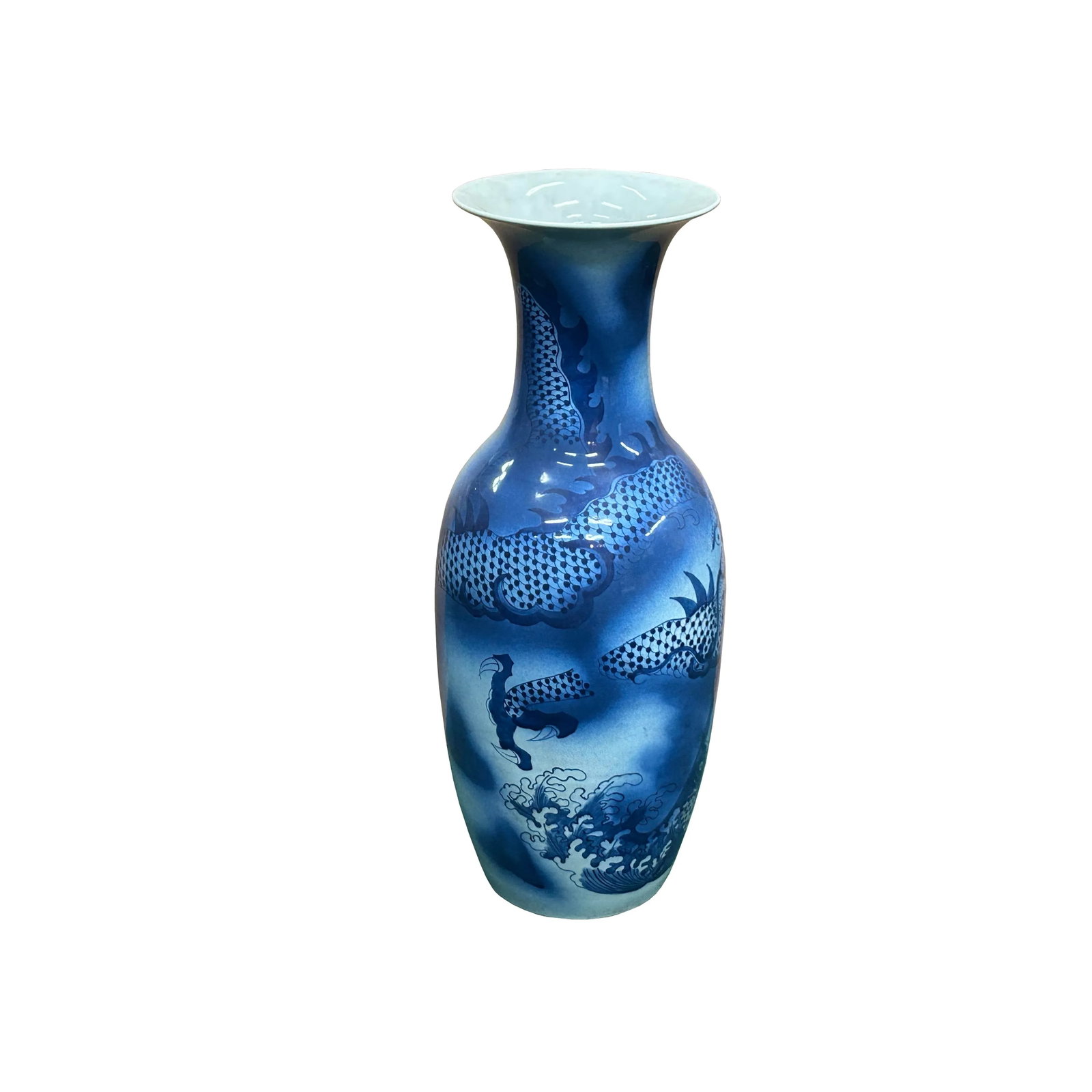 Pair Deep Blue Dragon Koi Fish Graphic Tall Porcelain Art Vases - 11