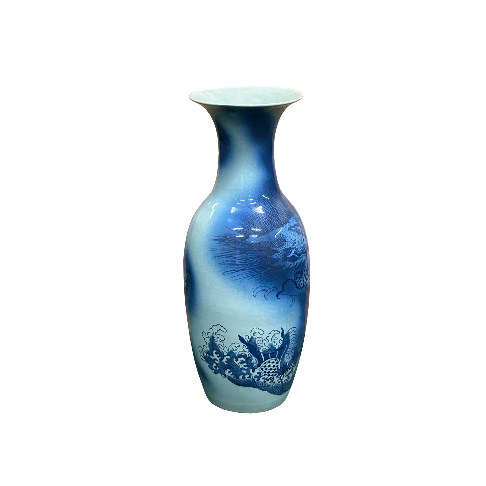 Pair Deep Blue Dragon Koi Fish Graphic Tall Porcelain Art Vases - 2
