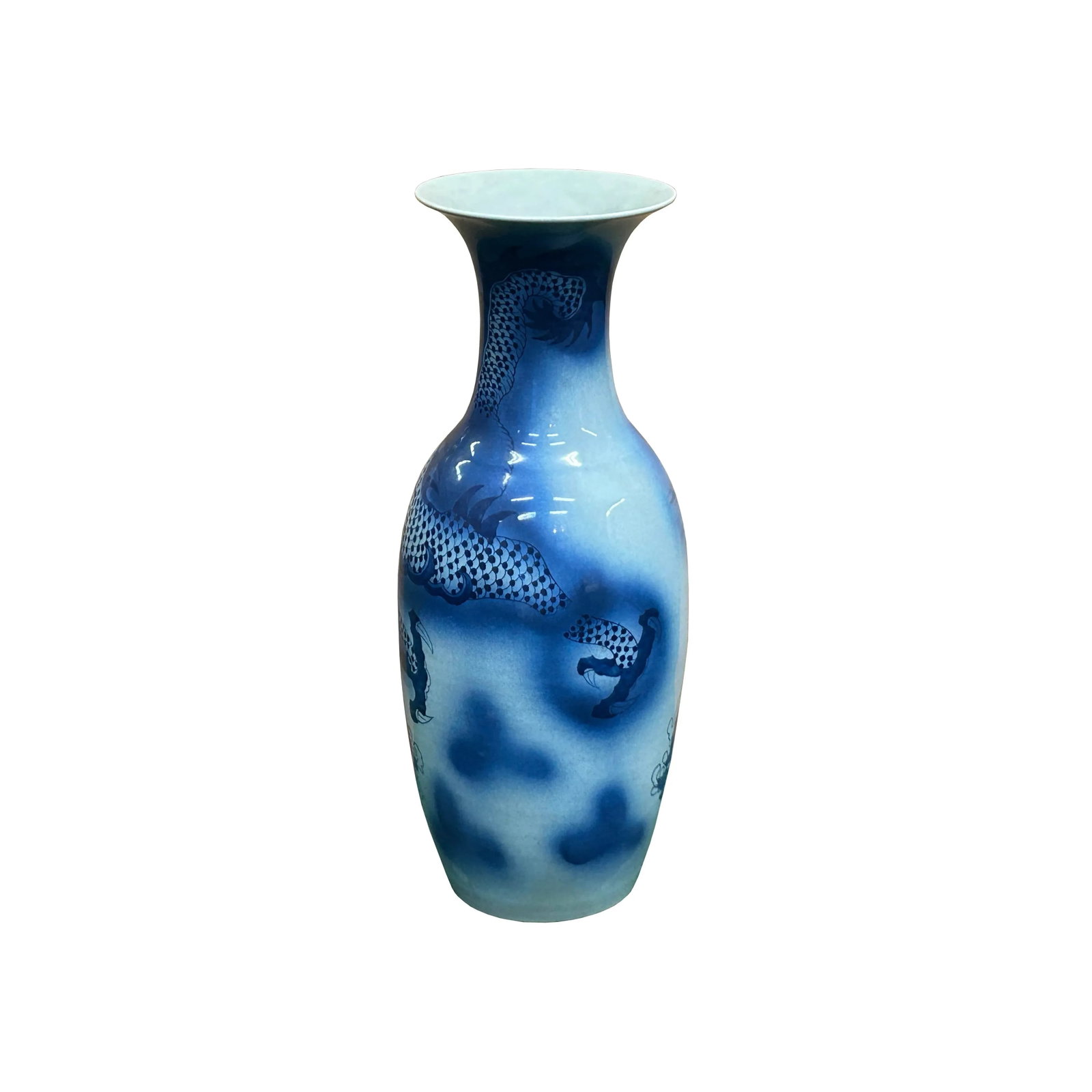 Pair Deep Blue Dragon Koi Fish Graphic Tall Porcelain Art Vases - 3