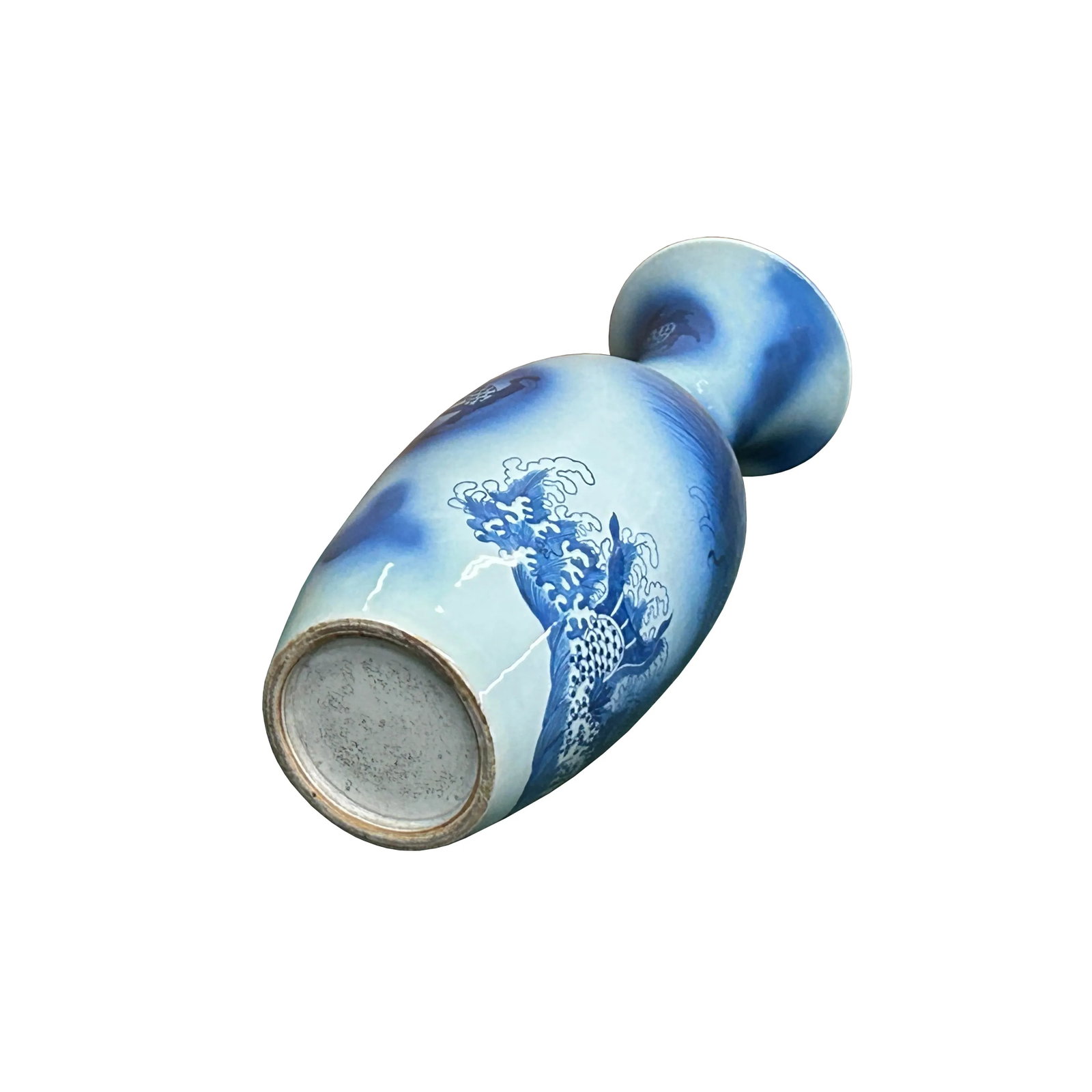 Pair Deep Blue Dragon Koi Fish Graphic Tall Porcelain Art Vases - 4
