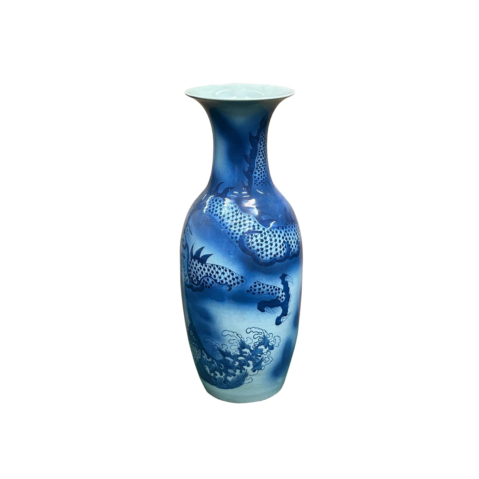 Pair Deep Blue Dragon Koi Fish Graphic Tall Porcelain Art Vases - 6