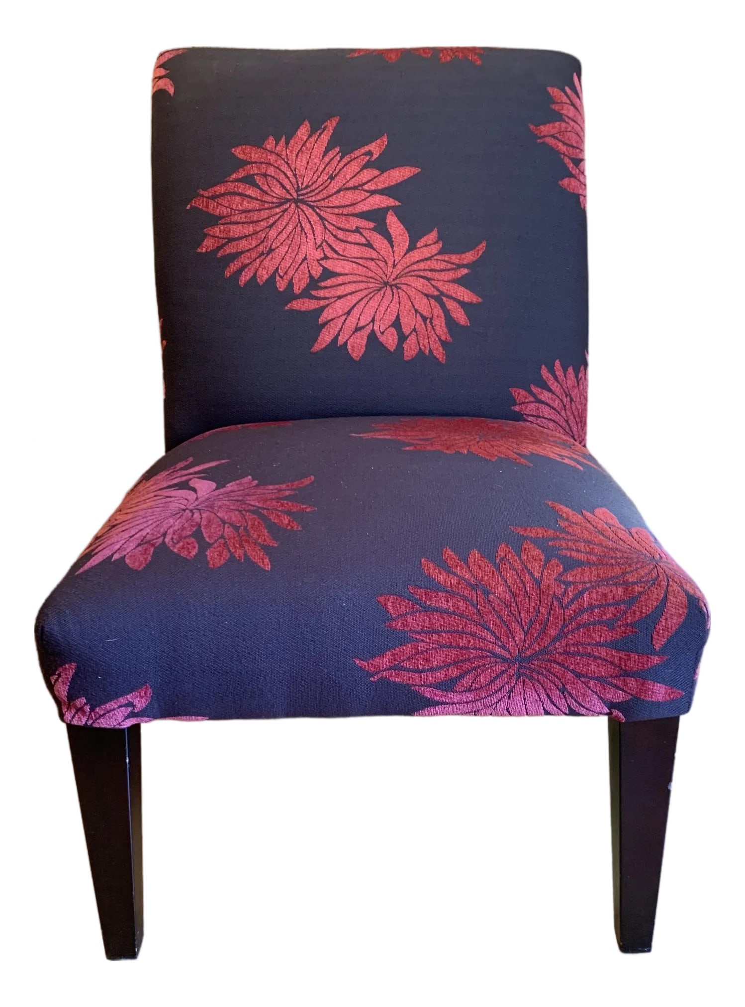1990s Contemporary Upholstered Side Chair: Contemporary side chair upholstered tight seat and back in dark color floral pattern fabric and stained dark walnut wood legs. Condition: Alterations: Original Condition Unaltered Imperfections: Some