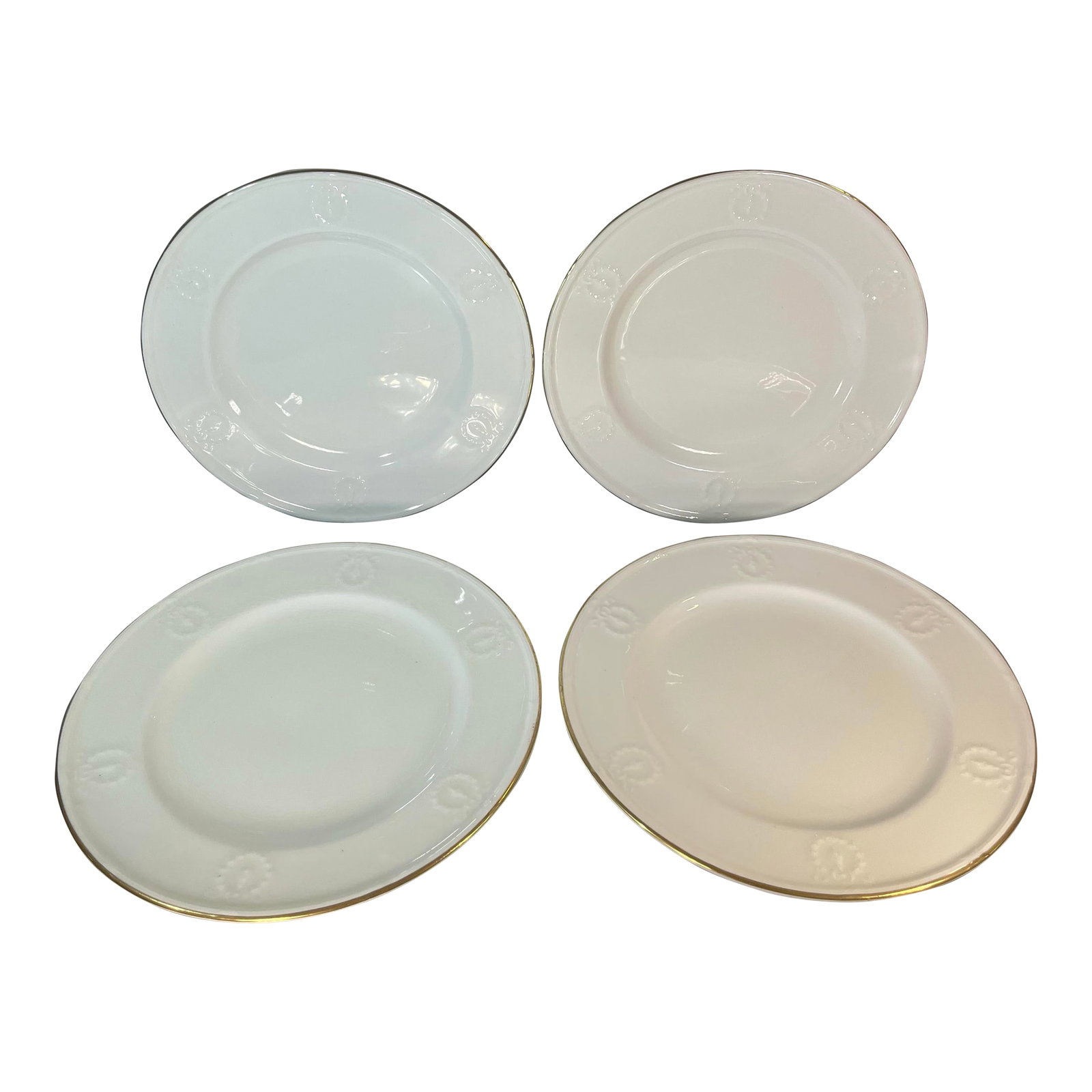 Early 20th Century 4pc-Antique Mintons (England) 10" Embossed Dinner Plates: Fine porcelain cream colored plates with gold rim and embossed border design. Measures approx 10"L. *Acquired from the formerly Packwood House Museum, Lewisburg, PA (1972-2020). Packwood House Museum