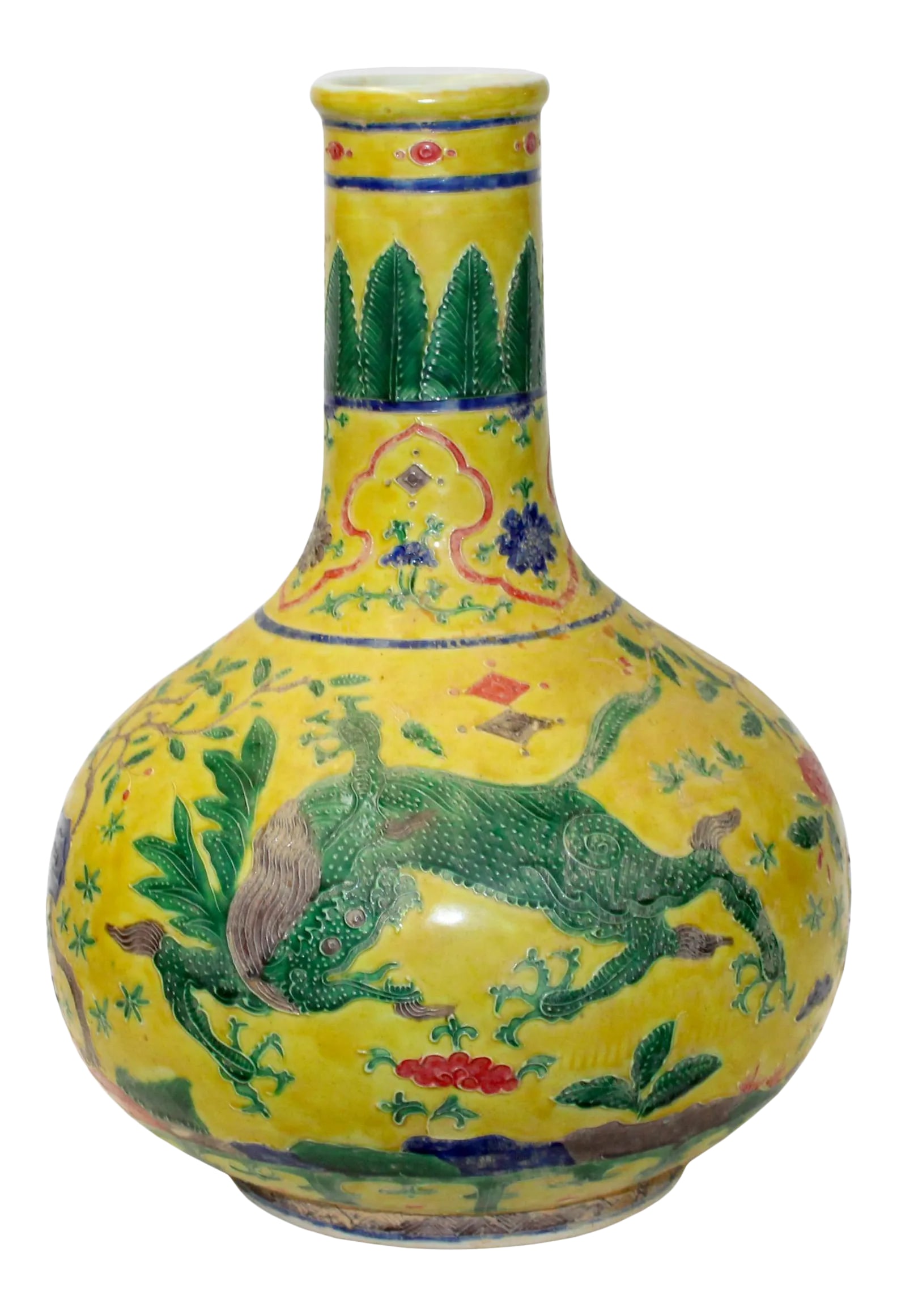 Handmade Ceramic Yellow Dimensional Flower Foo Dogs Motif Vase: This is a handmade Chinese accent decorative vase jar made of ceramic. The surface is carved with a relief dimensional floral foo dogs motif. The main color is yellow base color and green on the