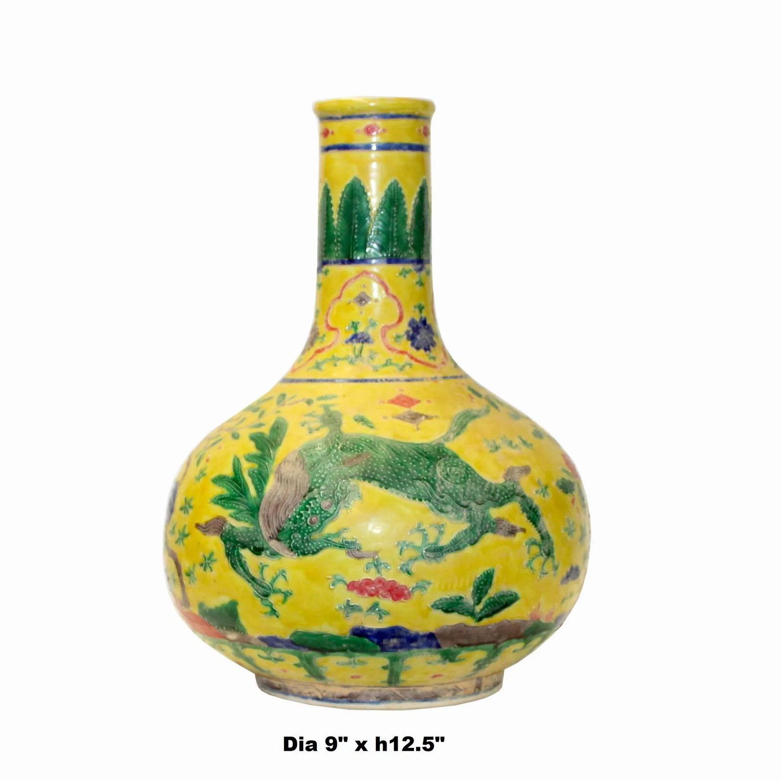 Handmade Ceramic Yellow Dimensional Flower Foo Dogs Motif Vase - 2