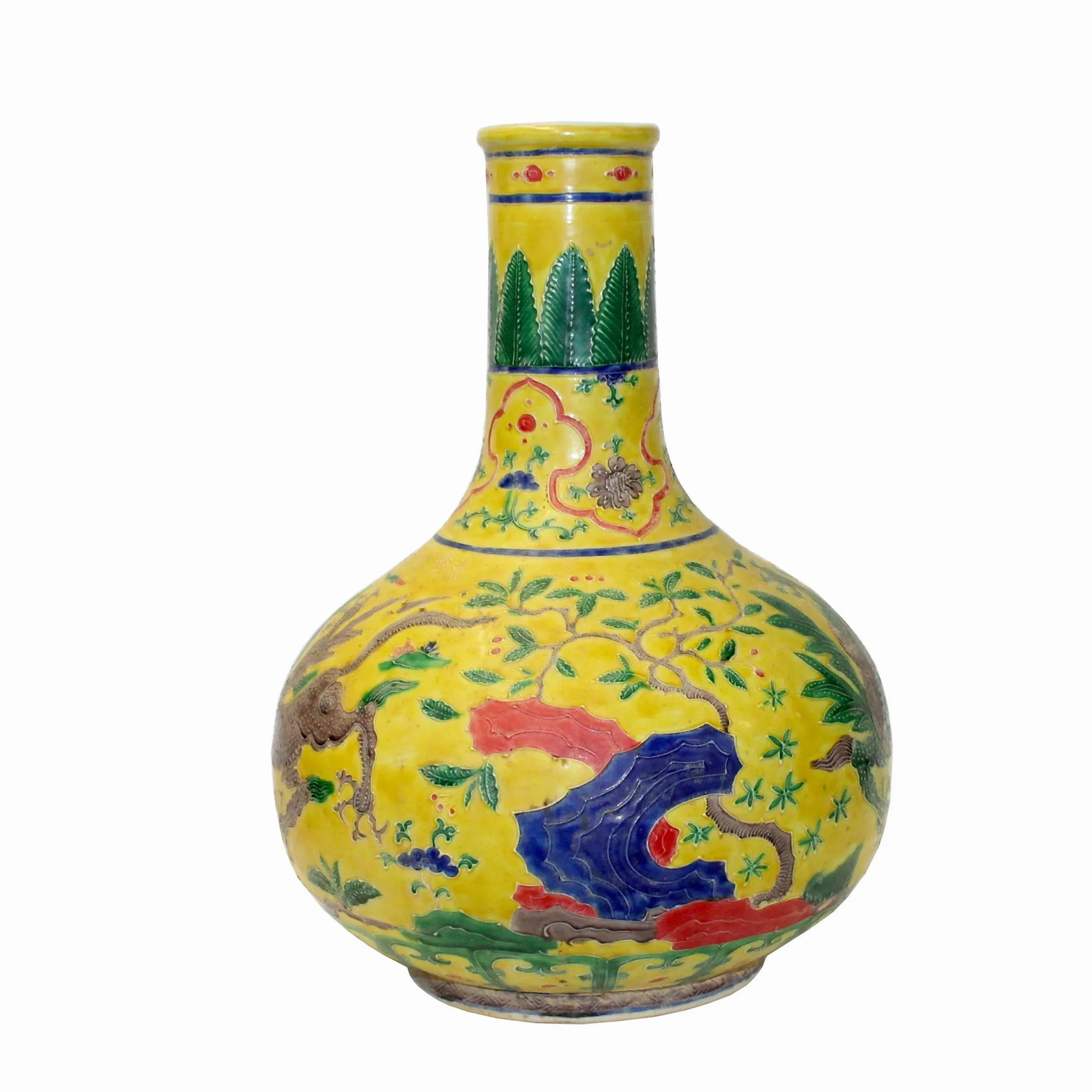 Handmade Ceramic Yellow Dimensional Flower Foo Dogs Motif Vase - 3