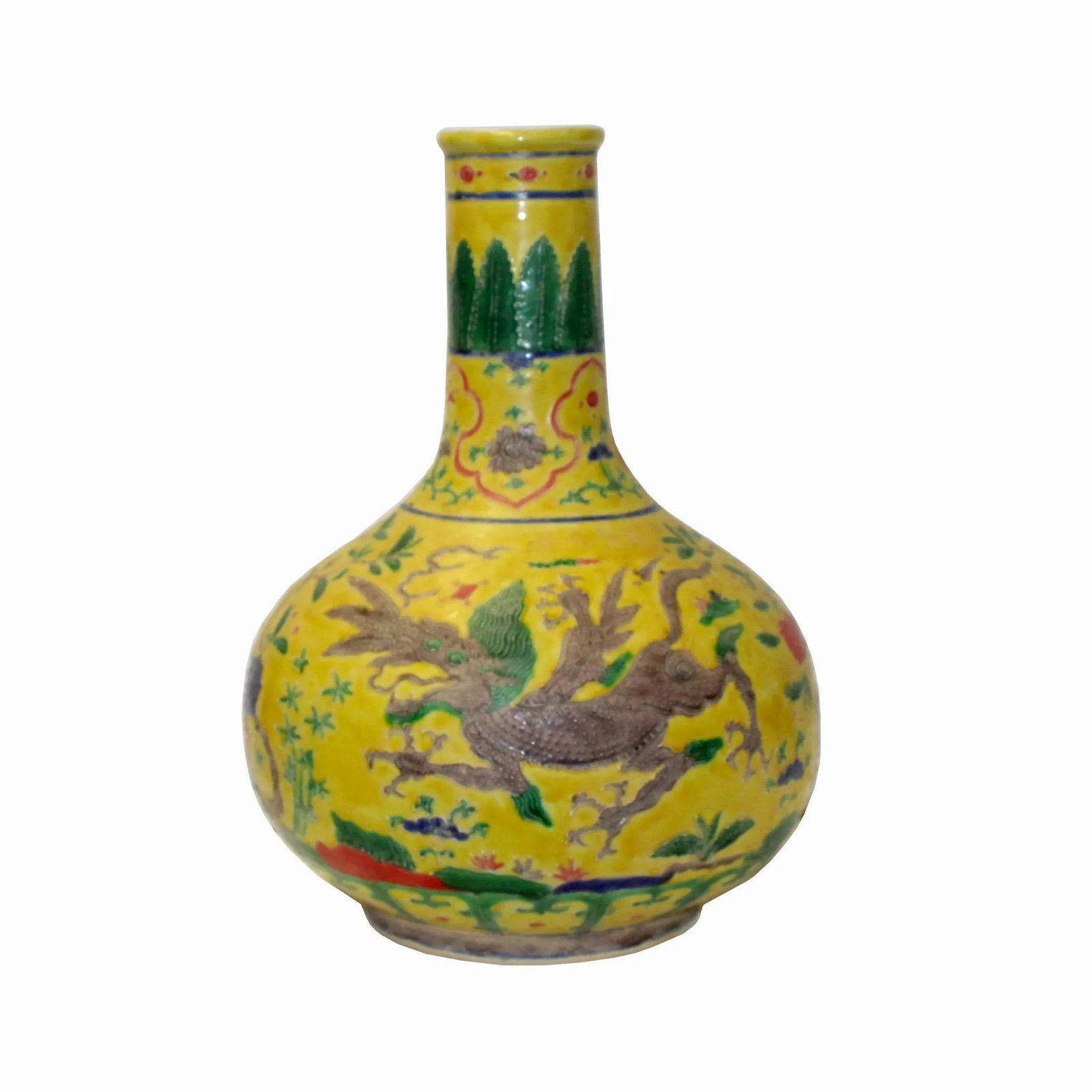 Handmade Ceramic Yellow Dimensional Flower Foo Dogs Motif Vase - 4