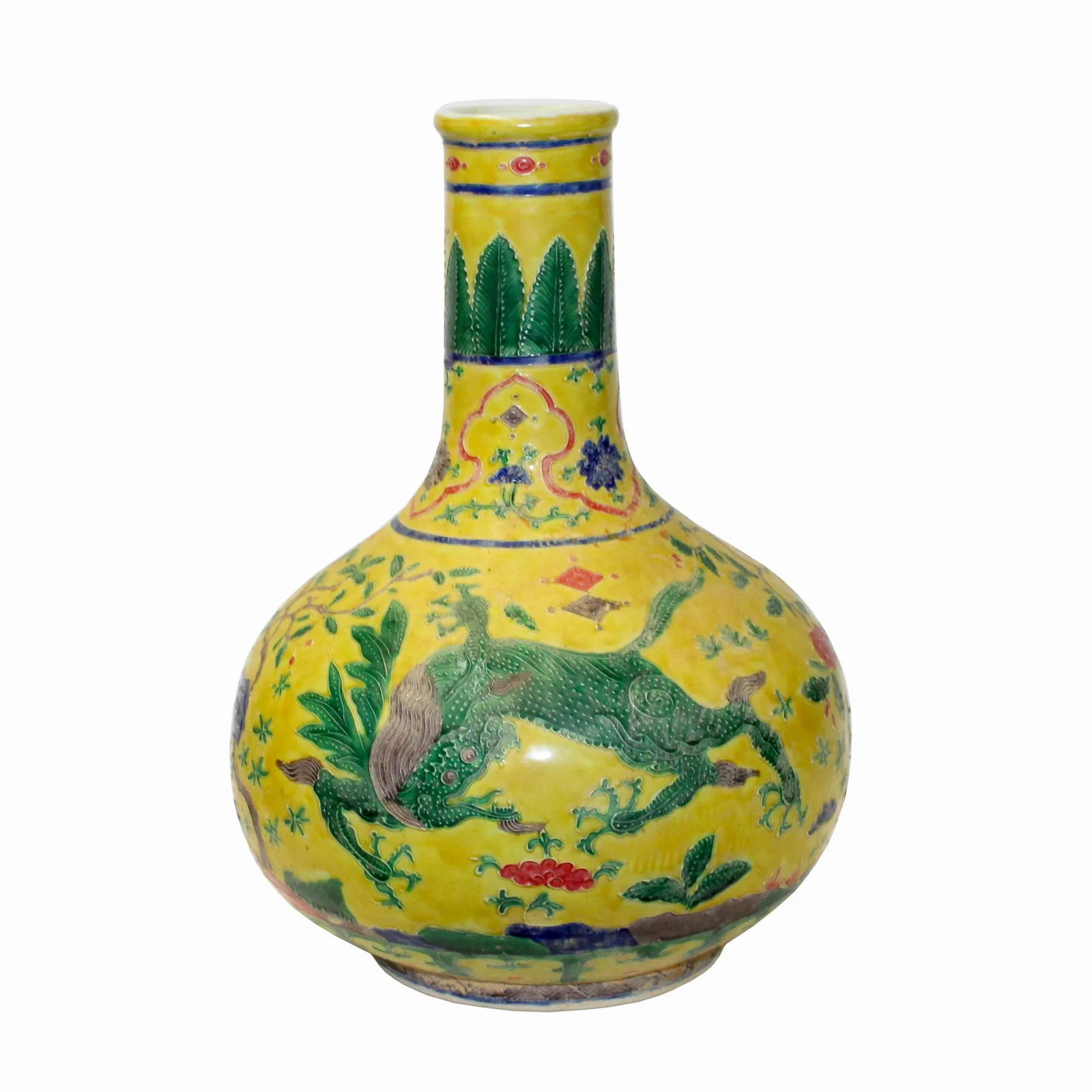 Handmade Ceramic Yellow Dimensional Flower Foo Dogs Motif Vase - 7