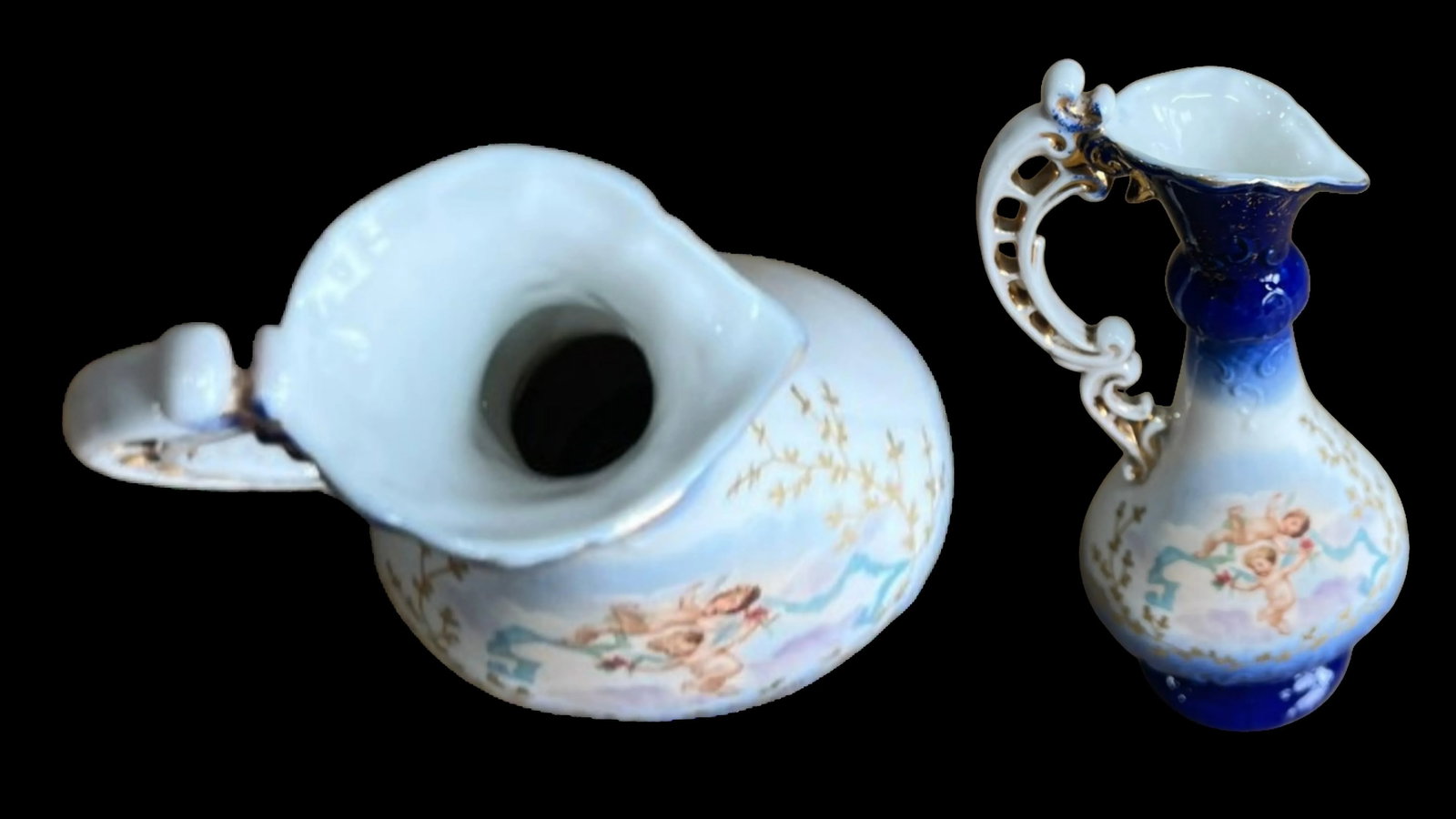 Antique Victoria Carlsbad Porcelain Floral & Cherub Ewer Vase-a Pair - 11