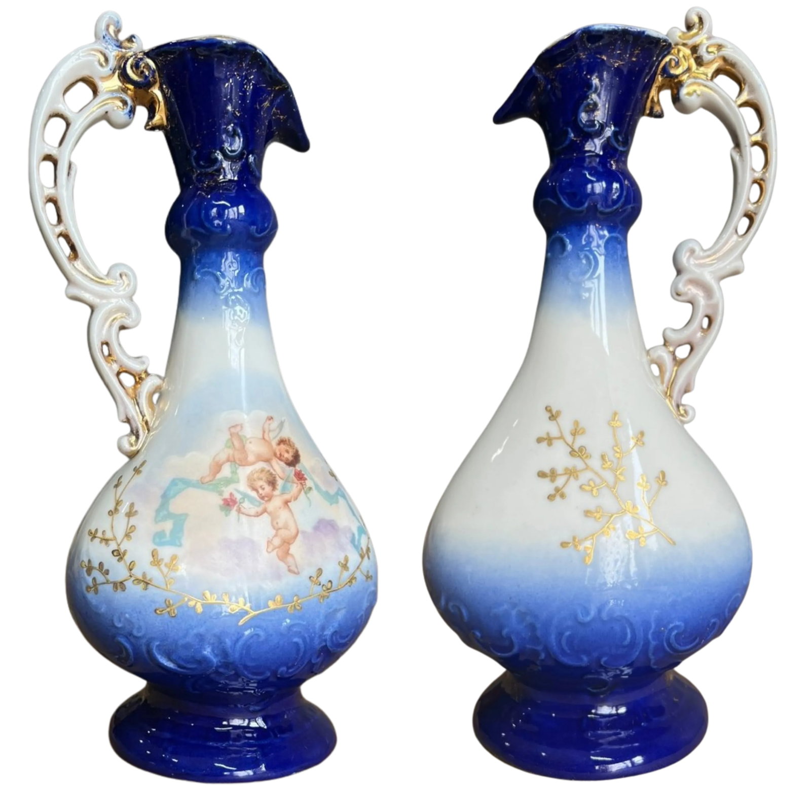 Antique Victoria Carlsbad Porcelain Floral & Cherub Ewer Vase-a Pair - 13