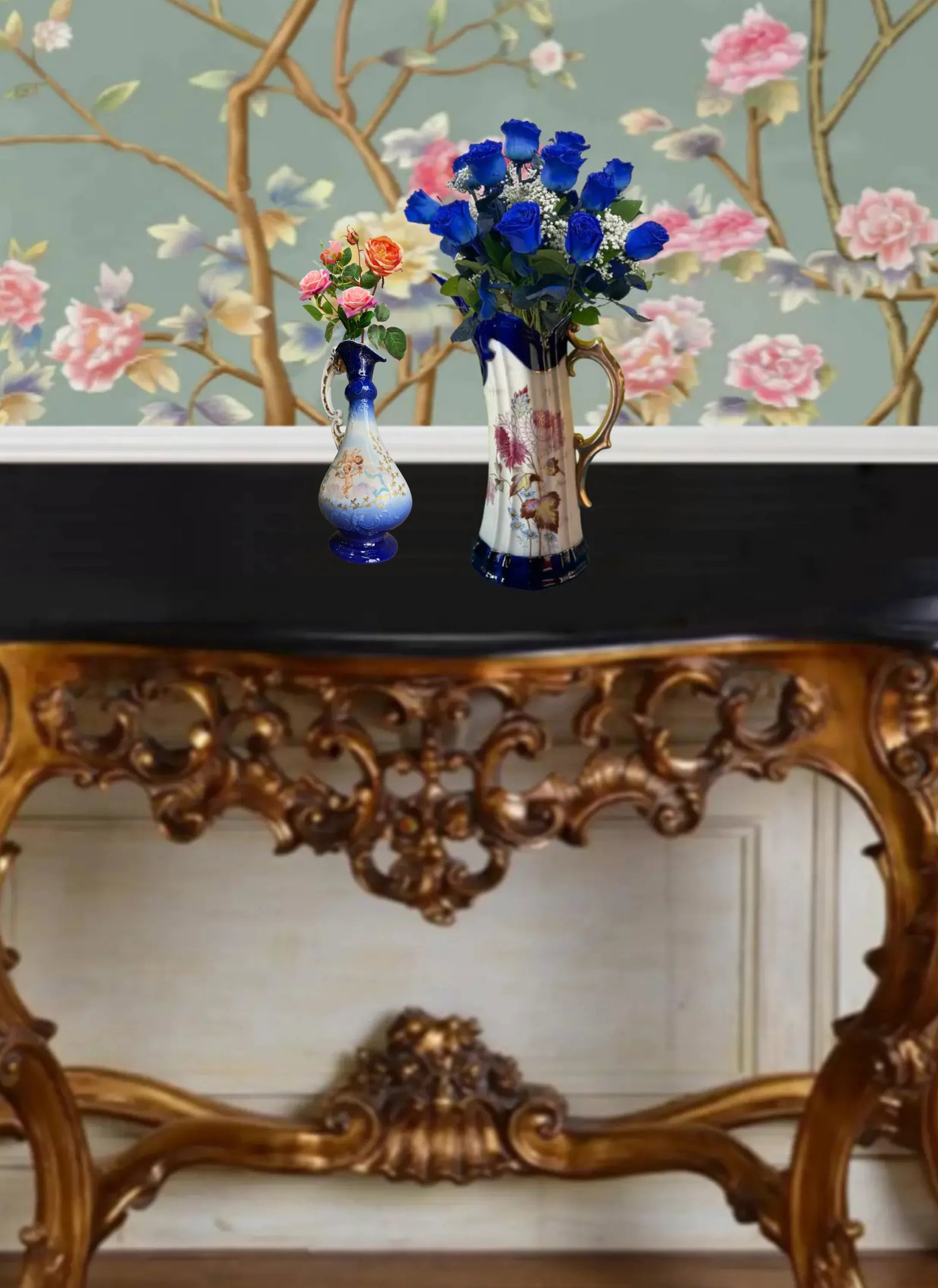 Antique Victoria Carlsbad Porcelain Floral & Cherub Ewer Vase-a Pair - 2