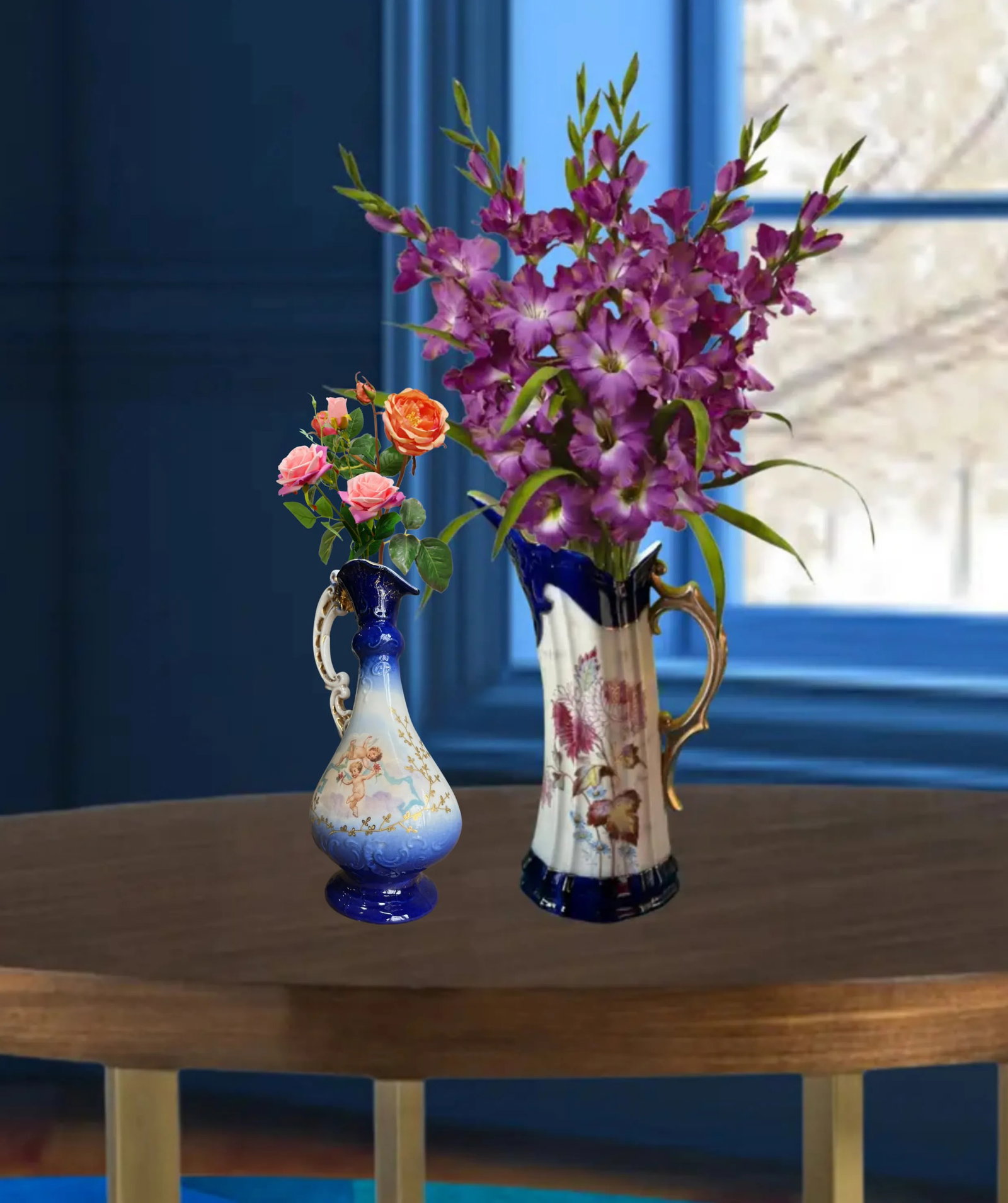 Antique Victoria Carlsbad Porcelain Floral & Cherub Ewer Vase-a Pair - 4