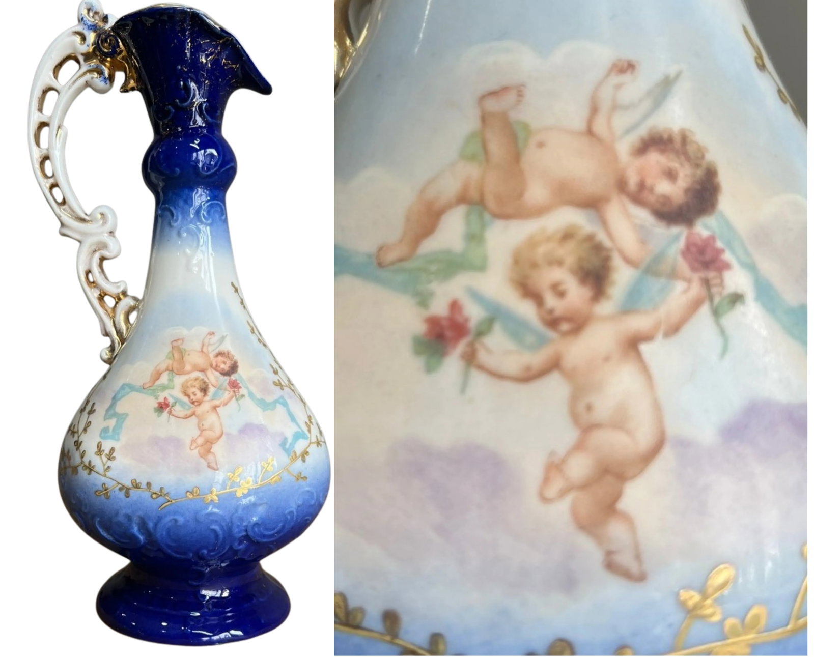 Antique Victoria Carlsbad Porcelain Floral & Cherub Ewer Vase-a Pair - 7