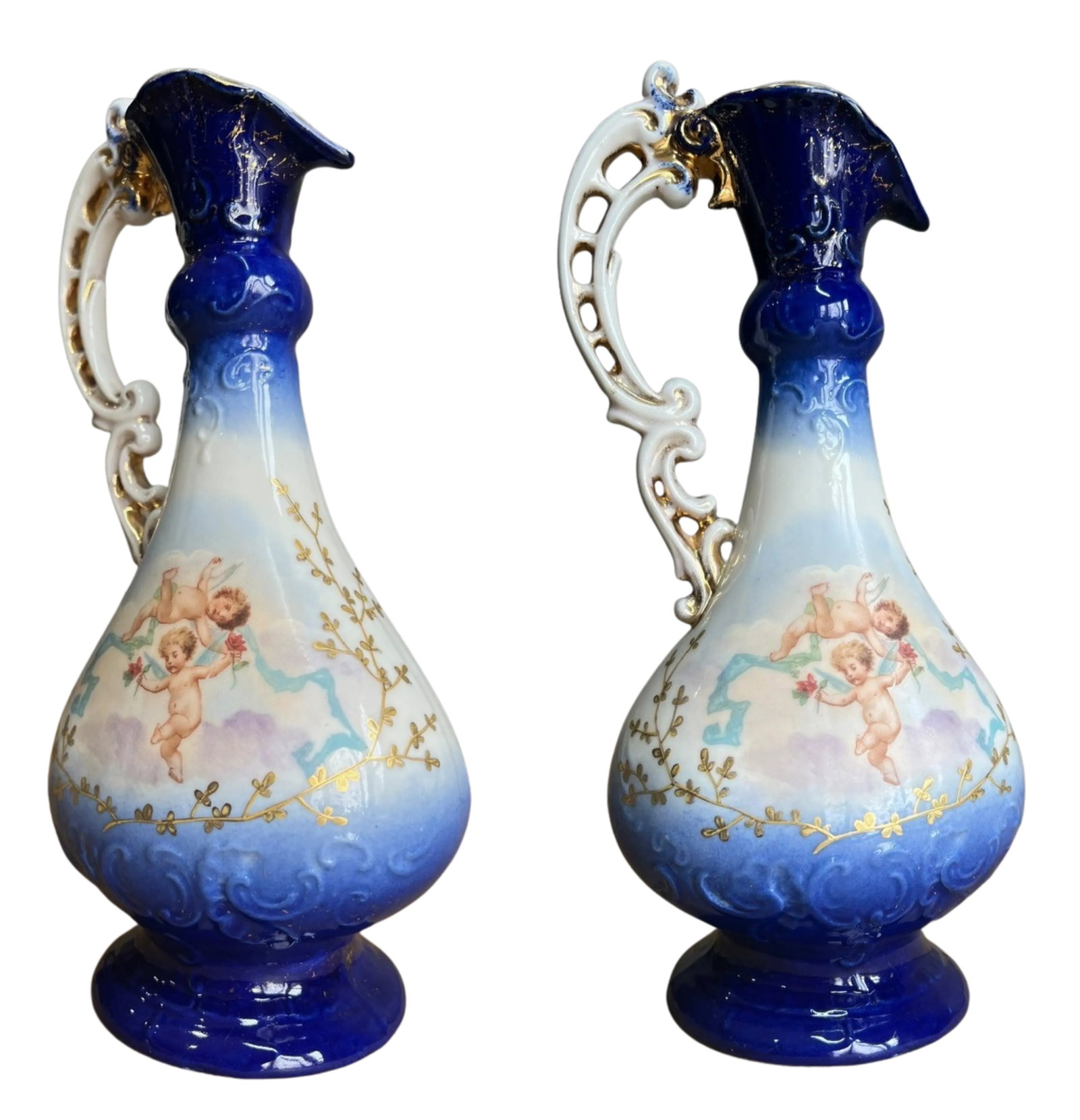 Antique Victoria Carlsbad Porcelain Floral & Cherub Ewer Vase-a Pair - 9
