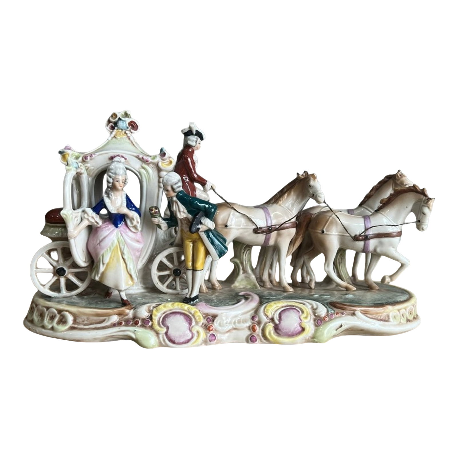 Antique Grafenthal Porcelain Couple and Horse and Carriage Figurine: This finely crafted porcelain figurine from Gräfenthal, dating to the late 19th century, measures approximately 6½ inches in height and 12 inches in length. Depicting an ornate horse-drawn c