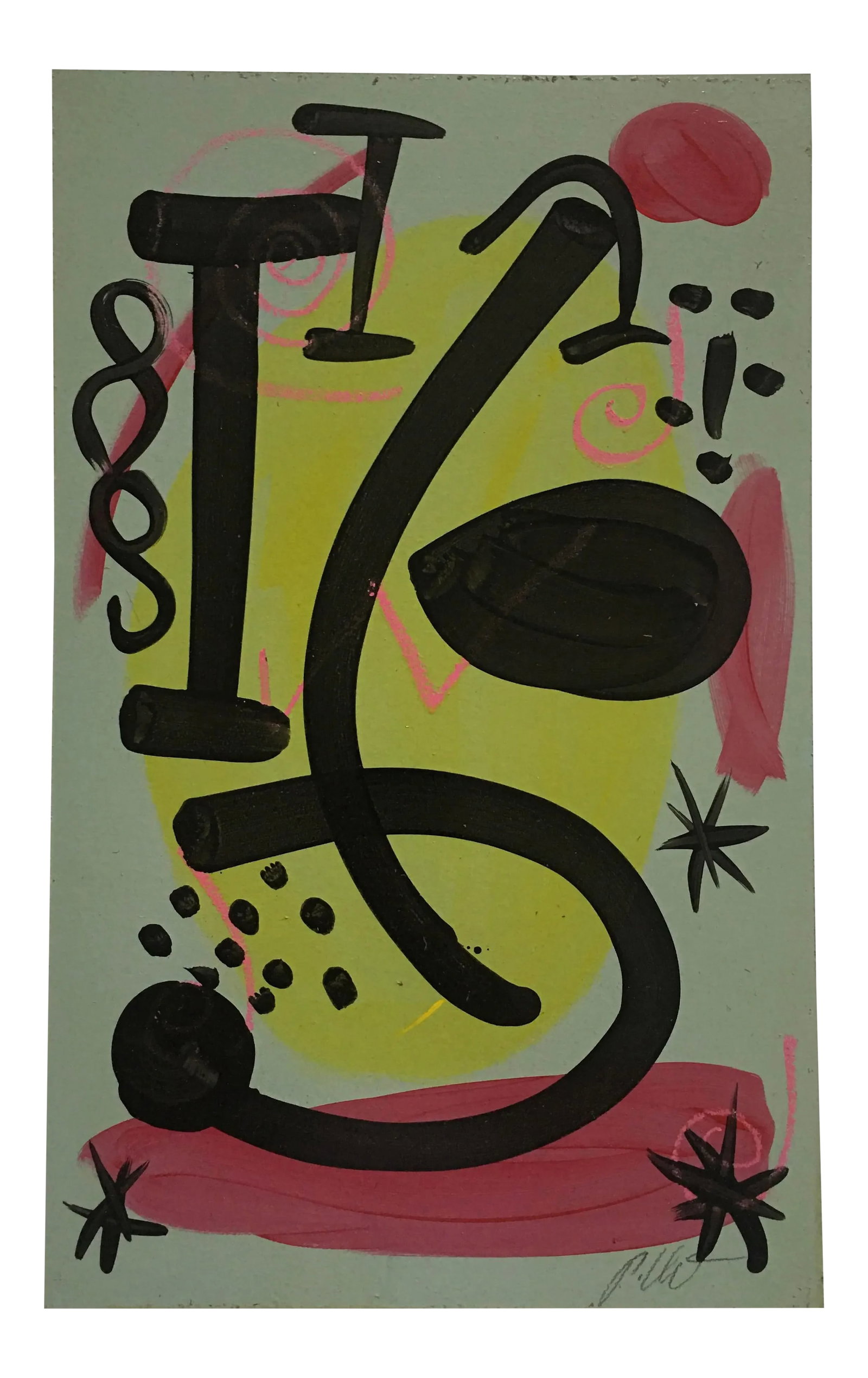 1980s Mirovian Style Abstract Painting by Peter Keil: Peter Keil is a German artist that focuses primarily on abstract expressionism. Keil painted with some of the greats including Joan Miró, Pablo Picasso and Andy Warhol, to name a few. This is a