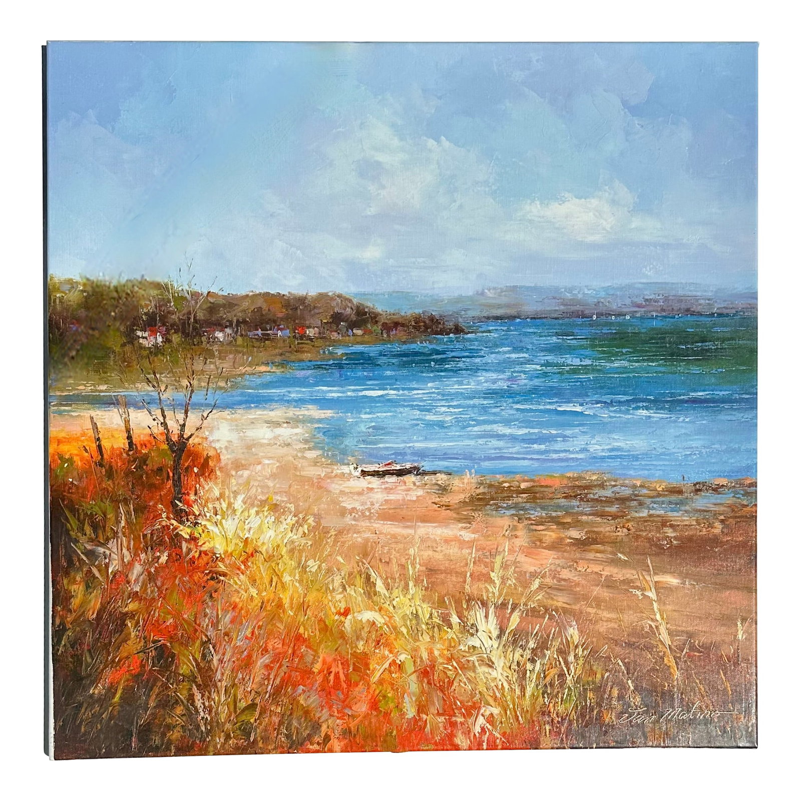 Coastal Shoreline Landscape, Original Oil Painting by Jan Matino: Original oil on canvas by Jan Matino. A beautiful shoreline coastal scene. The painting is stretched and unframed. Dimensions: 30 x 30" Please note: If you purchase multiple items, we'll gladly