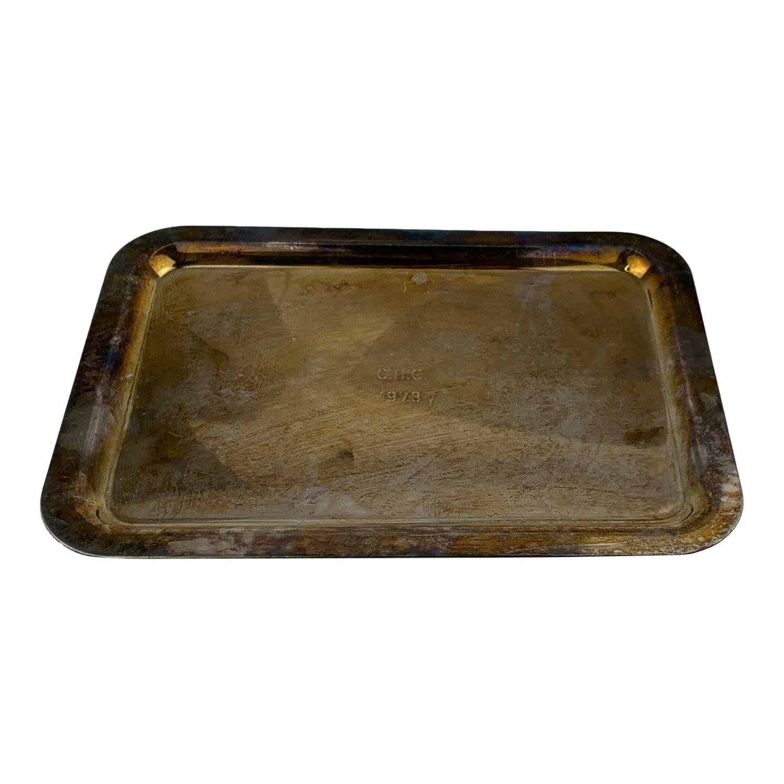20th Century Silverplated Small Serving Tray: Silverplated small serving tray monogrammed CHC 1973. From the estate of Bob and Dolores Hope, Toluca Lake, California. Condition: Alterations: Original Condition Unaltered Imperfections: Some