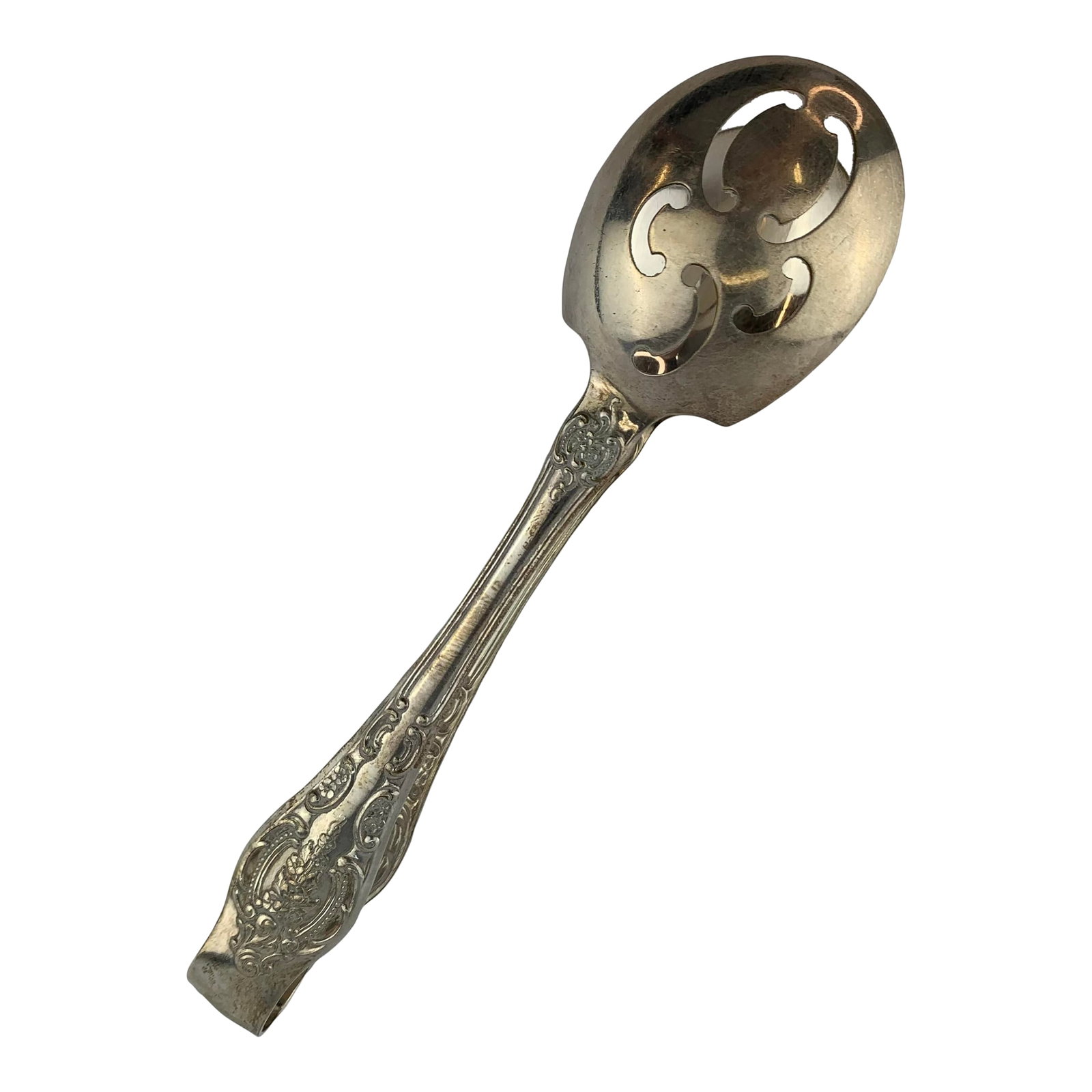 Antique Silverplate Serving Tongs: Antique silverplate serving or ice tongs with intricate etched design on handle. From the estate of Bob and Dolores Hope, Toluca Lake, California. Condition: Alterations: Original Condition Unaltered