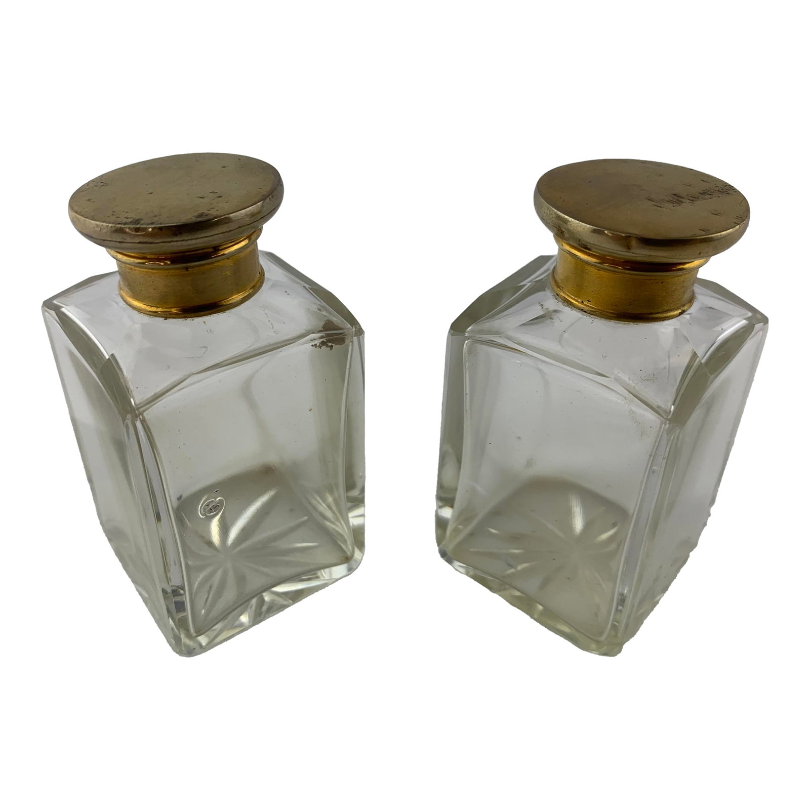 Antique Square Glass Perfume Bottles With Brass Tops: Antique Square Glass Perfume Bottles with Brass tops, set of 2. From the estate of Bob and Dolores Hope, Toluca Lake, California. Condition: Alterations: Original Condition Unaltered Imperfections: