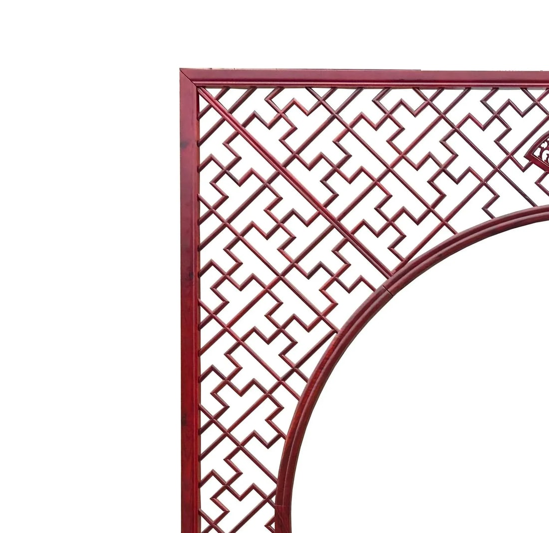 Chinese Reddish Brown Flower Ducks Geometric Round Arch Wood Room Divider - 10