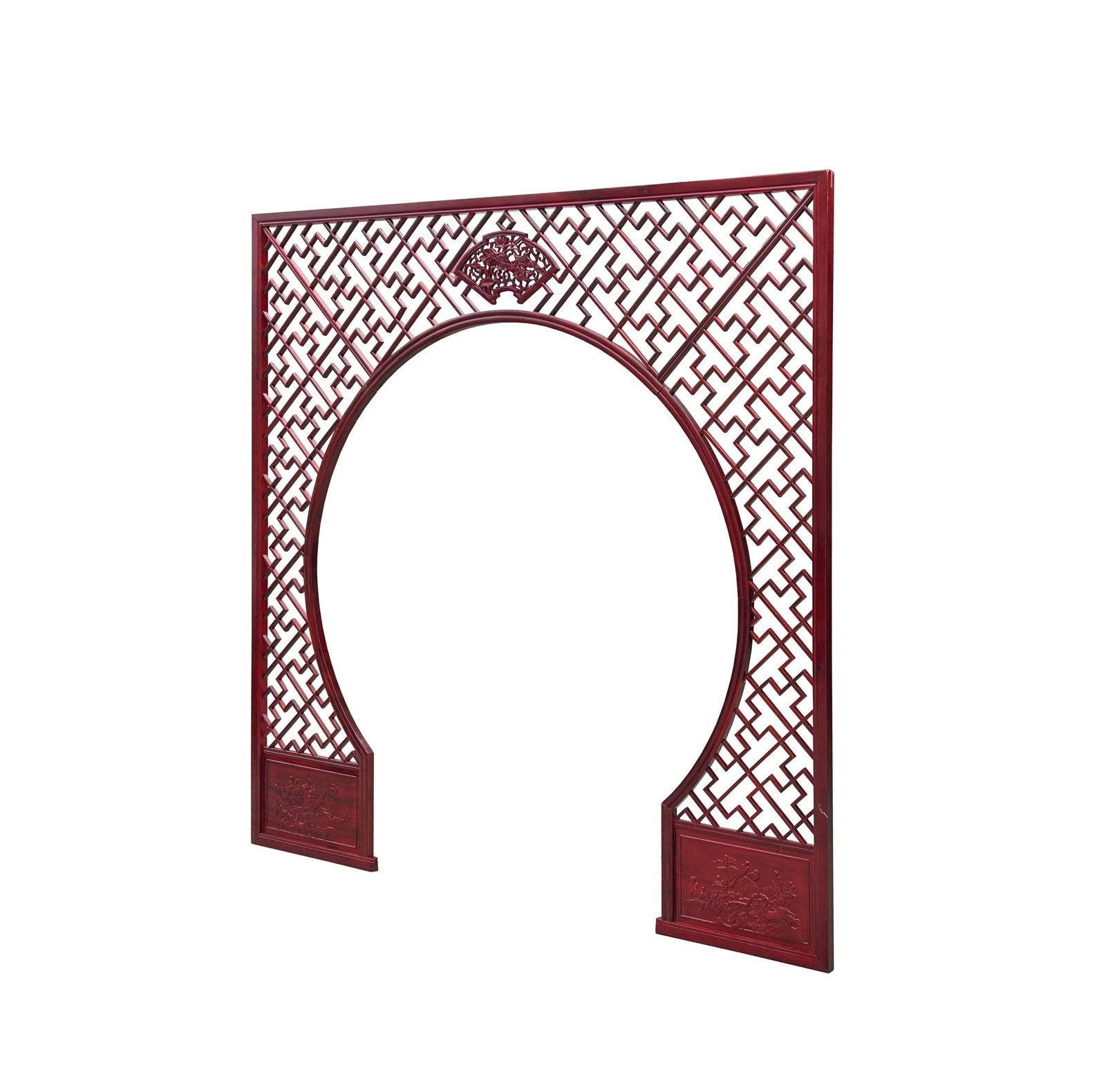 Chinese Reddish Brown Flower Ducks Geometric Round Arch Wood Room Divider - 11