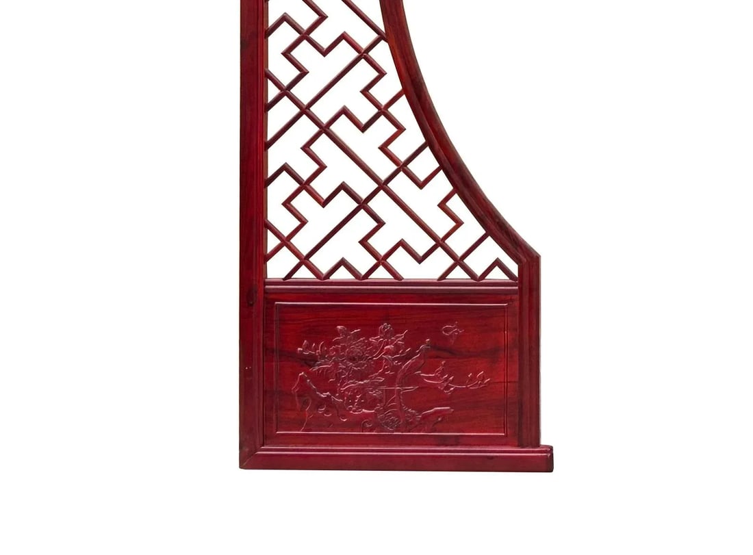 Chinese Reddish Brown Flower Ducks Geometric Round Arch Wood Room Divider - 12