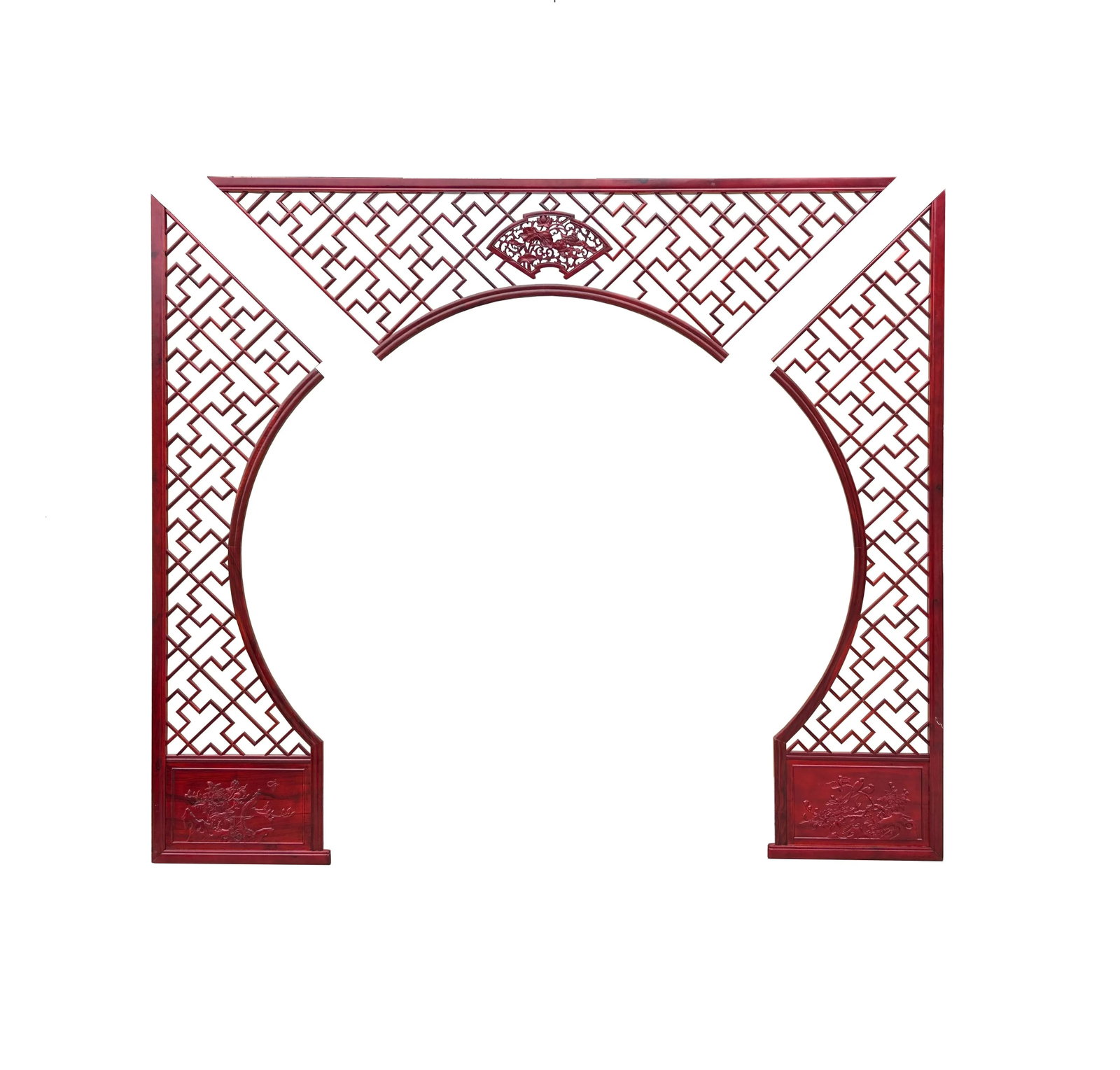Chinese Reddish Brown Flower Ducks Geometric Round Arch Wood Room Divider - 13
