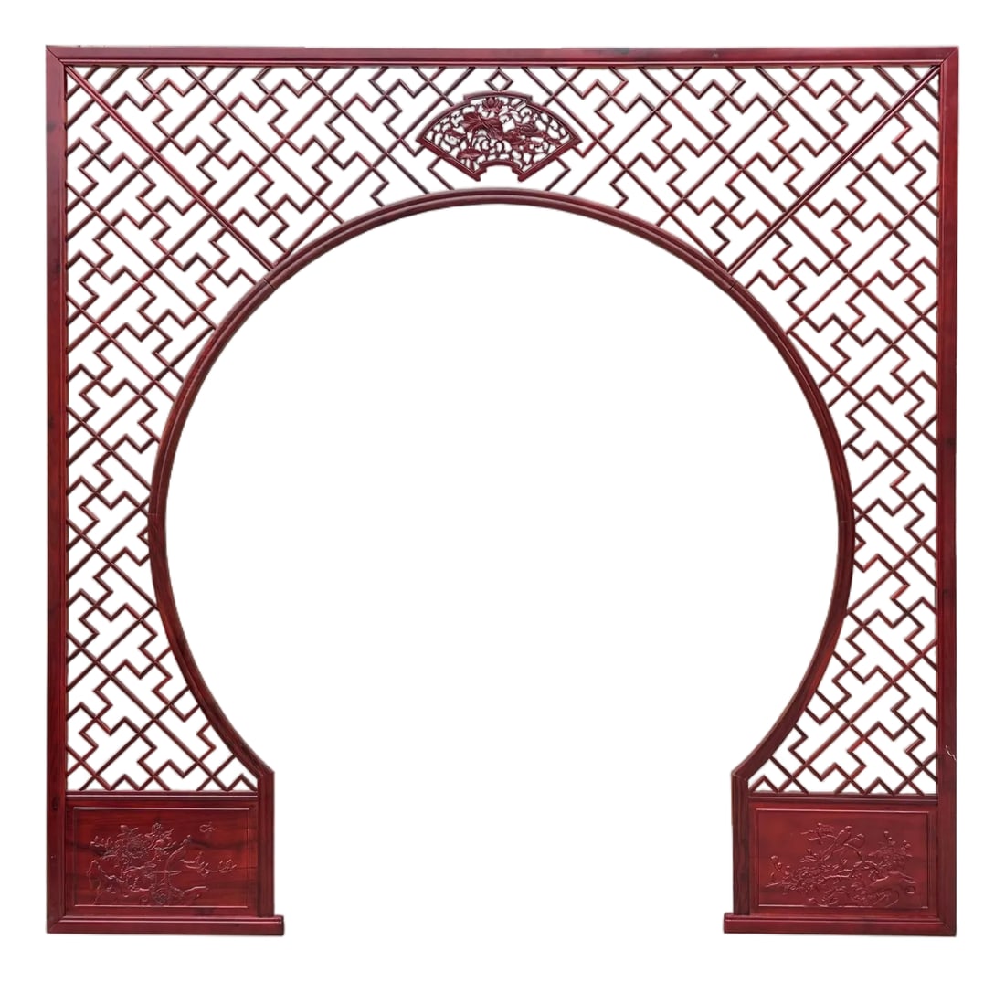 Chinese Reddish Brown Flower Ducks Geometric Round Arch Wood Room Divider: Crafted with meticulous detail and traditional Chinese artistry, the Chinese Reddish Brown Flower Mandarina Ducks Carving Geometric Open Pattern Frame Round Arch Center Wood Room Divider stands as a