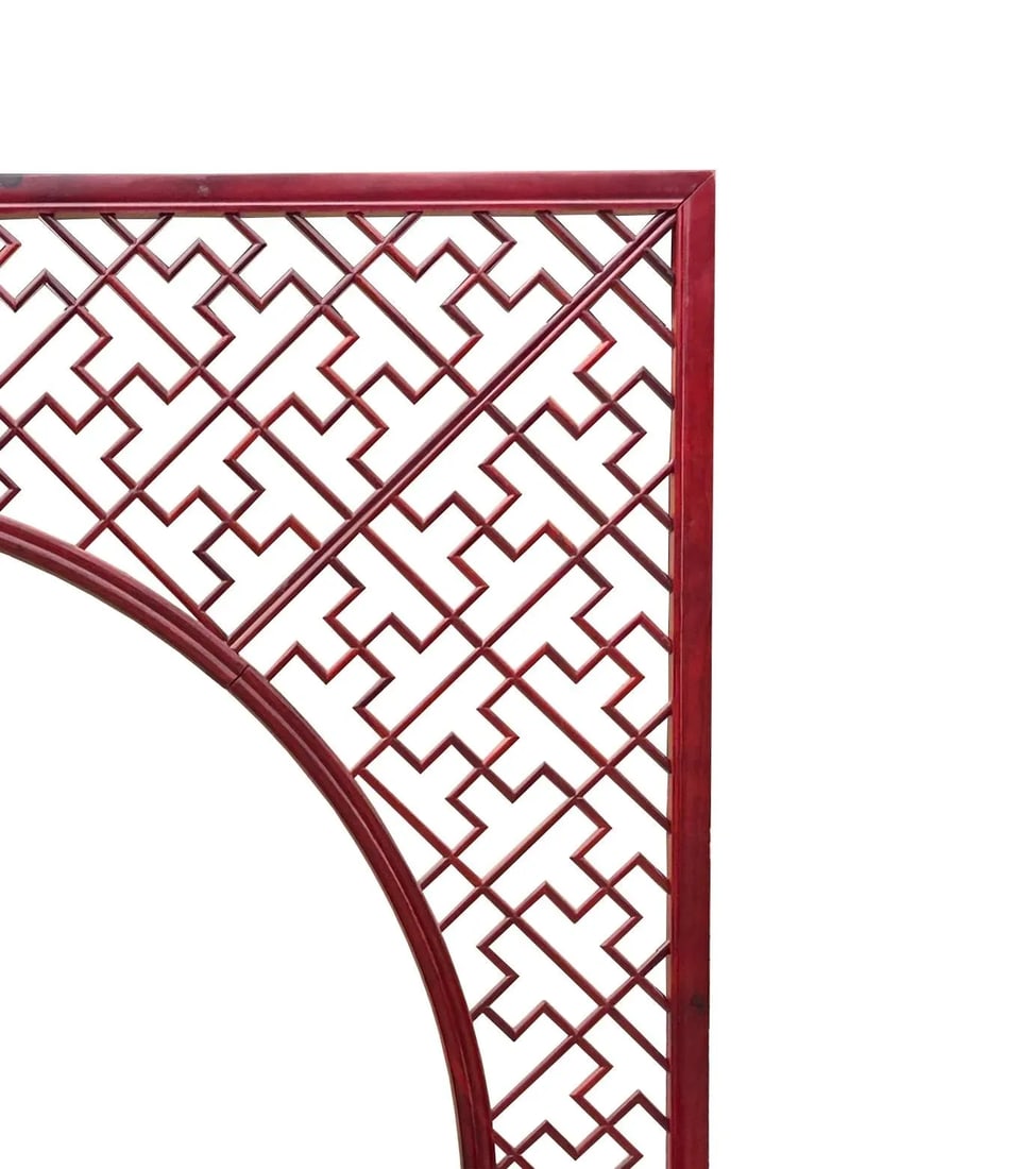 Chinese Reddish Brown Flower Ducks Geometric Round Arch Wood Room Divider - 2
