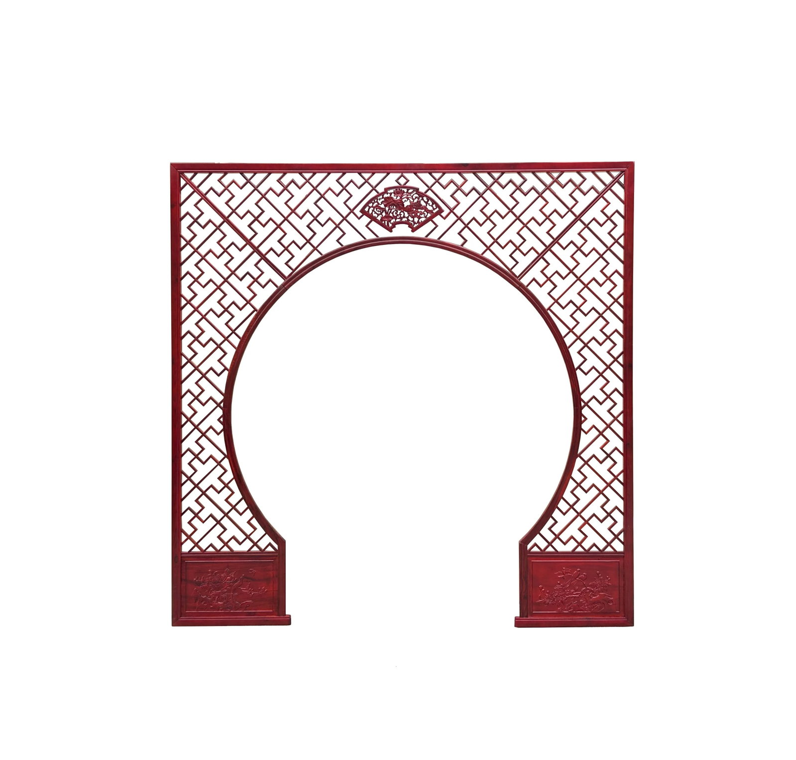 Chinese Reddish Brown Flower Ducks Geometric Round Arch Wood Room Divider - 3
