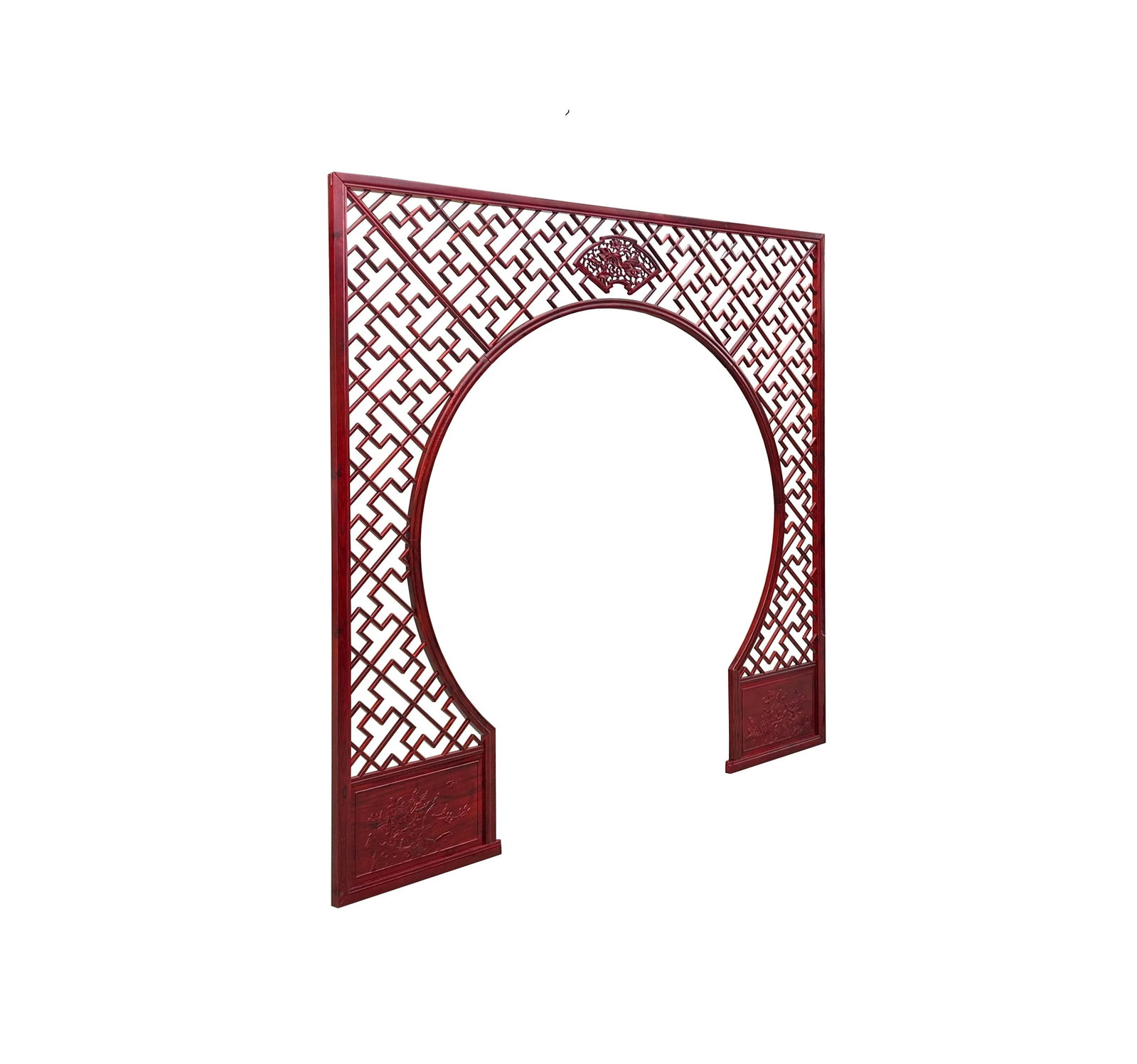 Chinese Reddish Brown Flower Ducks Geometric Round Arch Wood Room Divider - 4
