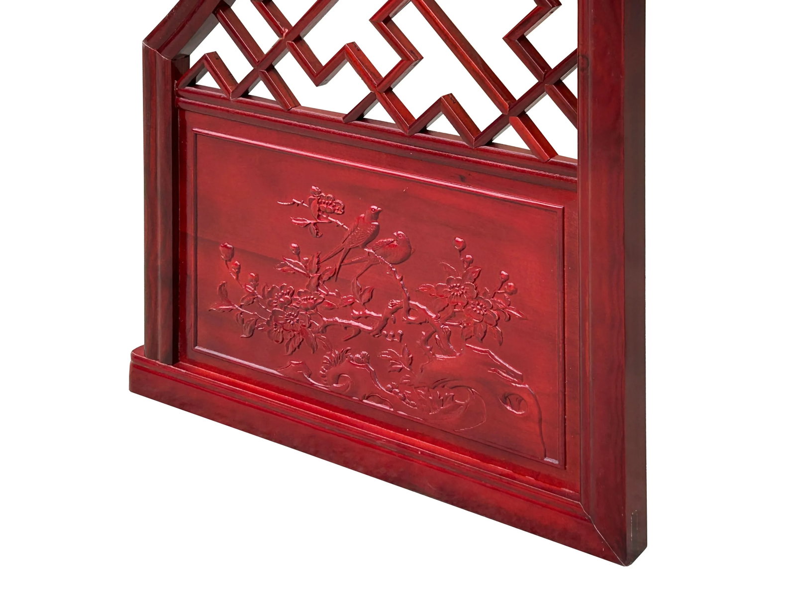 Chinese Reddish Brown Flower Ducks Geometric Round Arch Wood Room Divider - 5