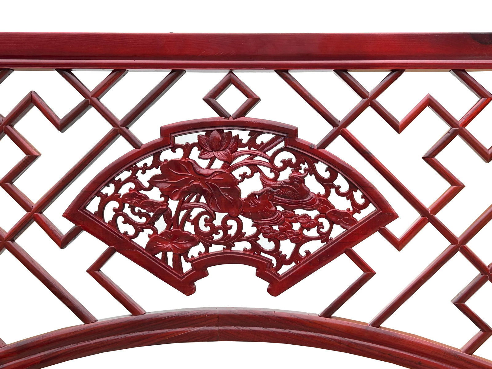 Chinese Reddish Brown Flower Ducks Geometric Round Arch Wood Room Divider - 6
