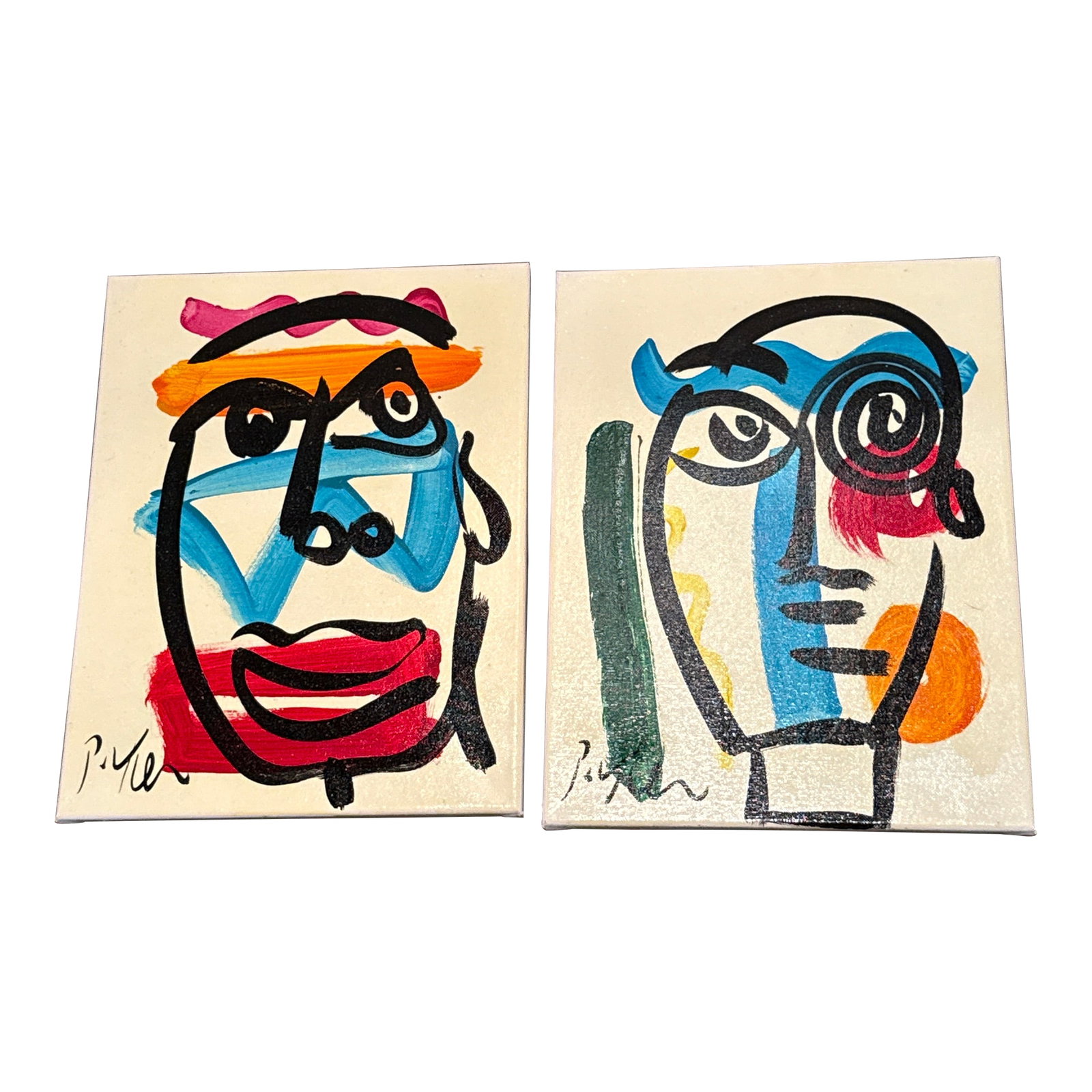 1970s Peter Keil Geometric Paintings a Pair: Great pair of original paintings by Peter Keil. Painted on canvas depicting geometric portraits. Ready to frame or hang. Guaranteed authentic coa on back. Condition: Alterations: Original Condition Un