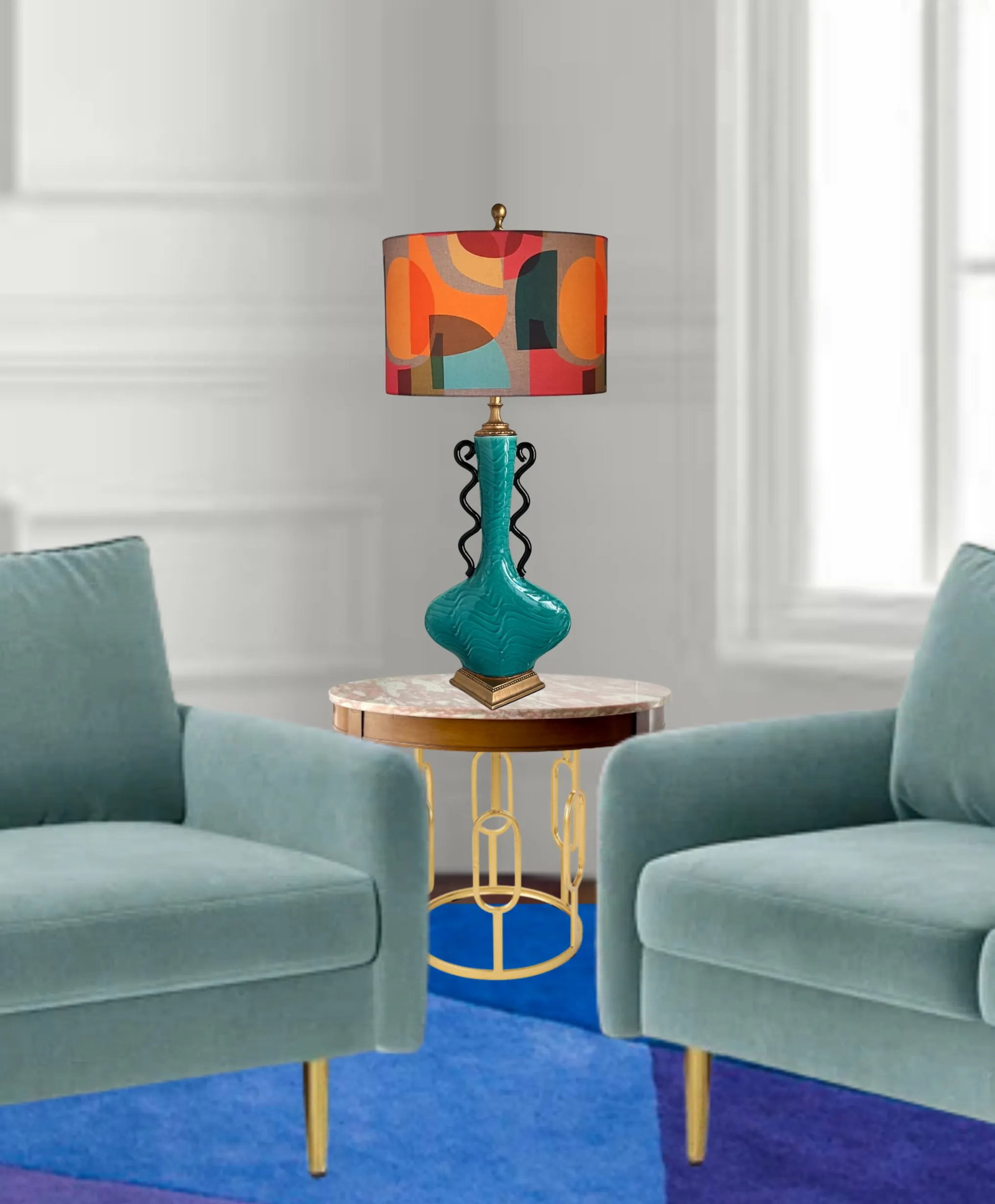Mid-Century Ceramic Teal Black Curvy Table Lamp - 13