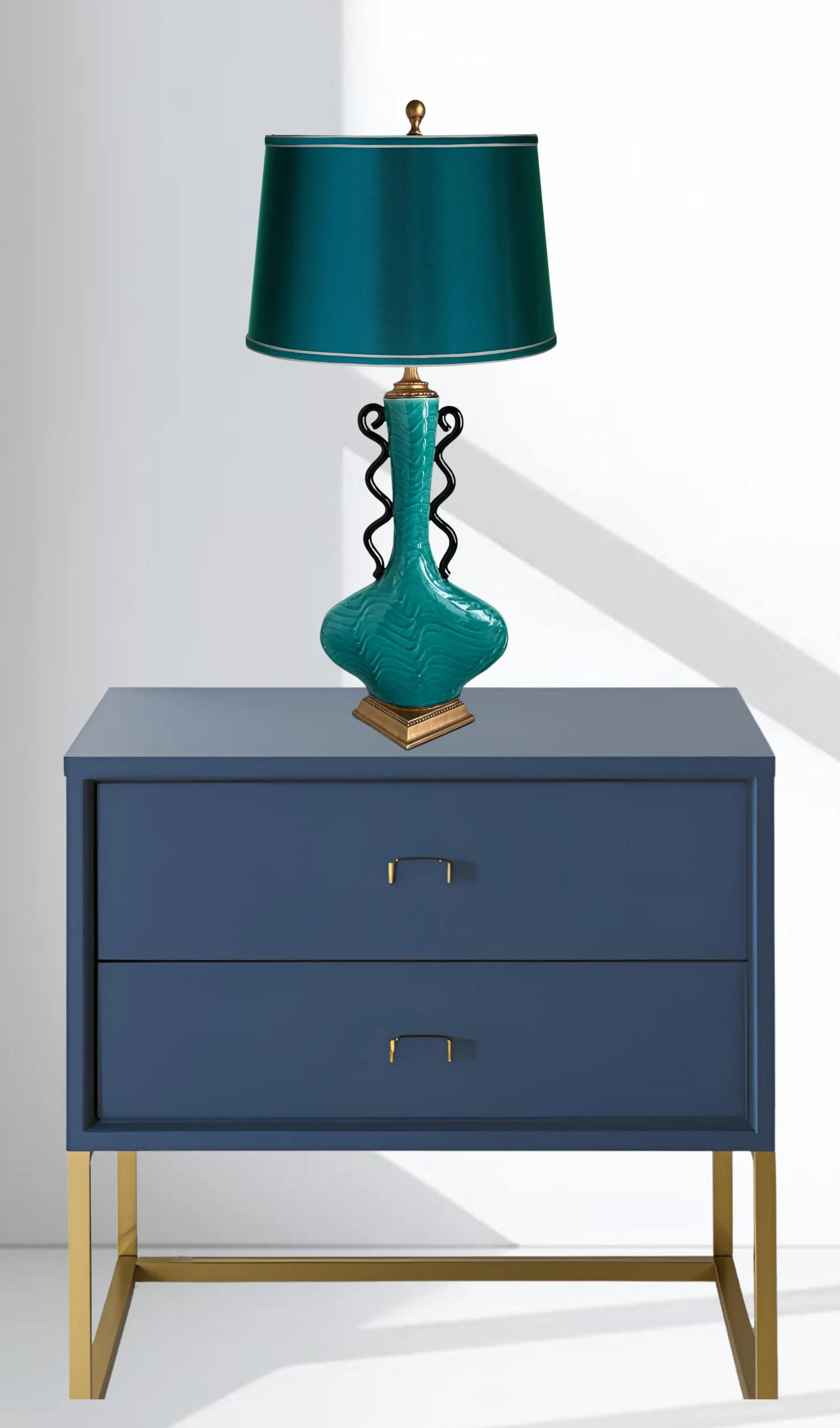 Mid-Century Ceramic Teal Black Curvy Table Lamp - 14