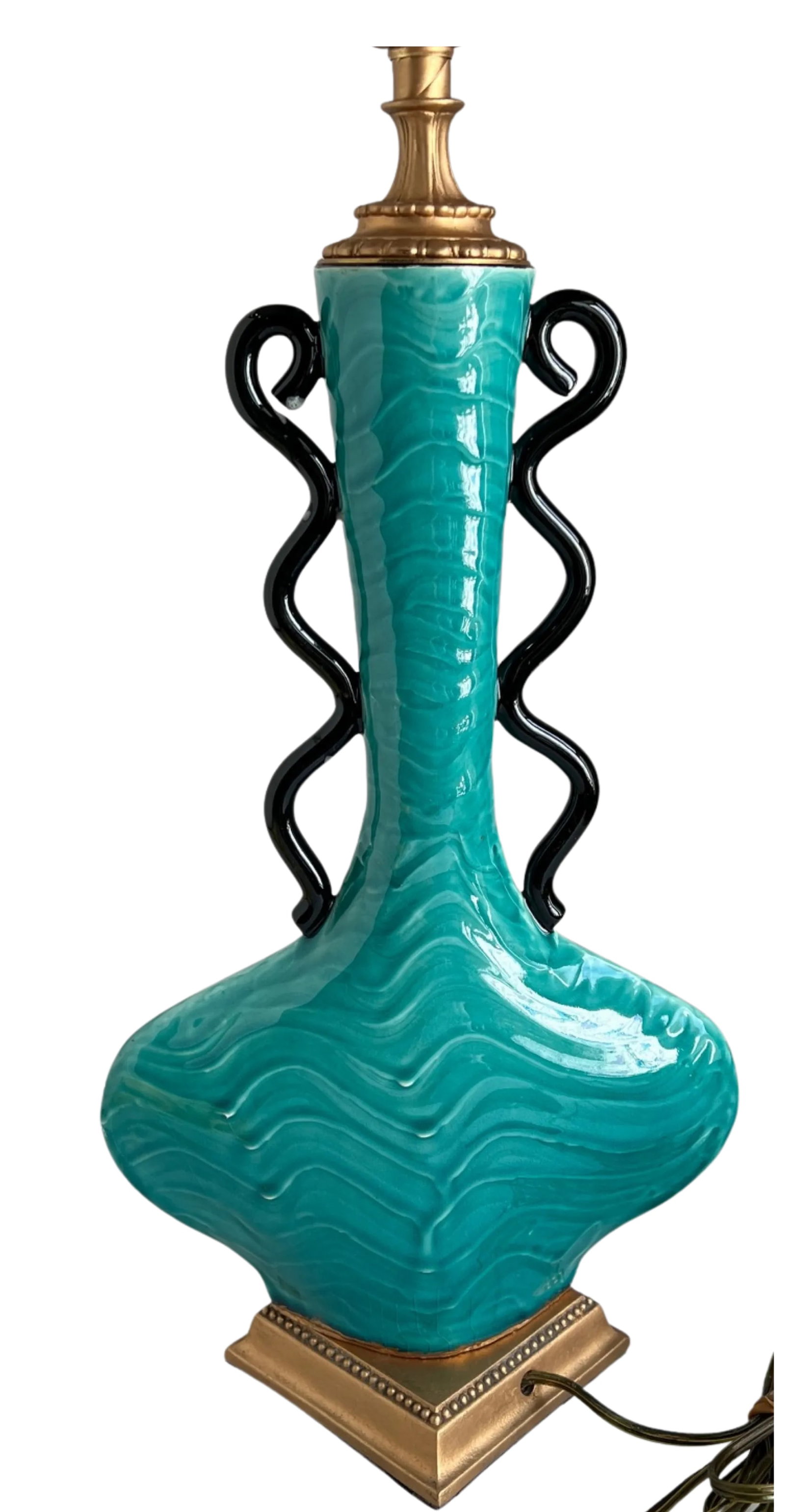 Mid-Century Ceramic Teal Black Curvy Table Lamp - 15