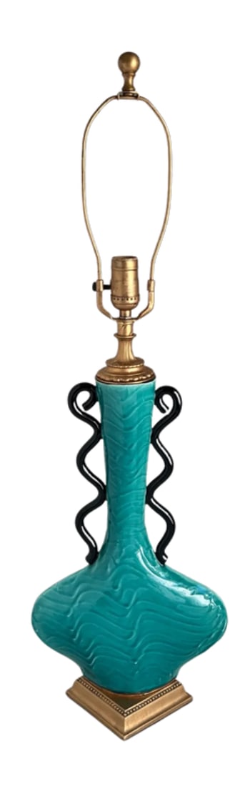 Mid-Century Ceramic Teal Black Curvy Table Lamp - 6