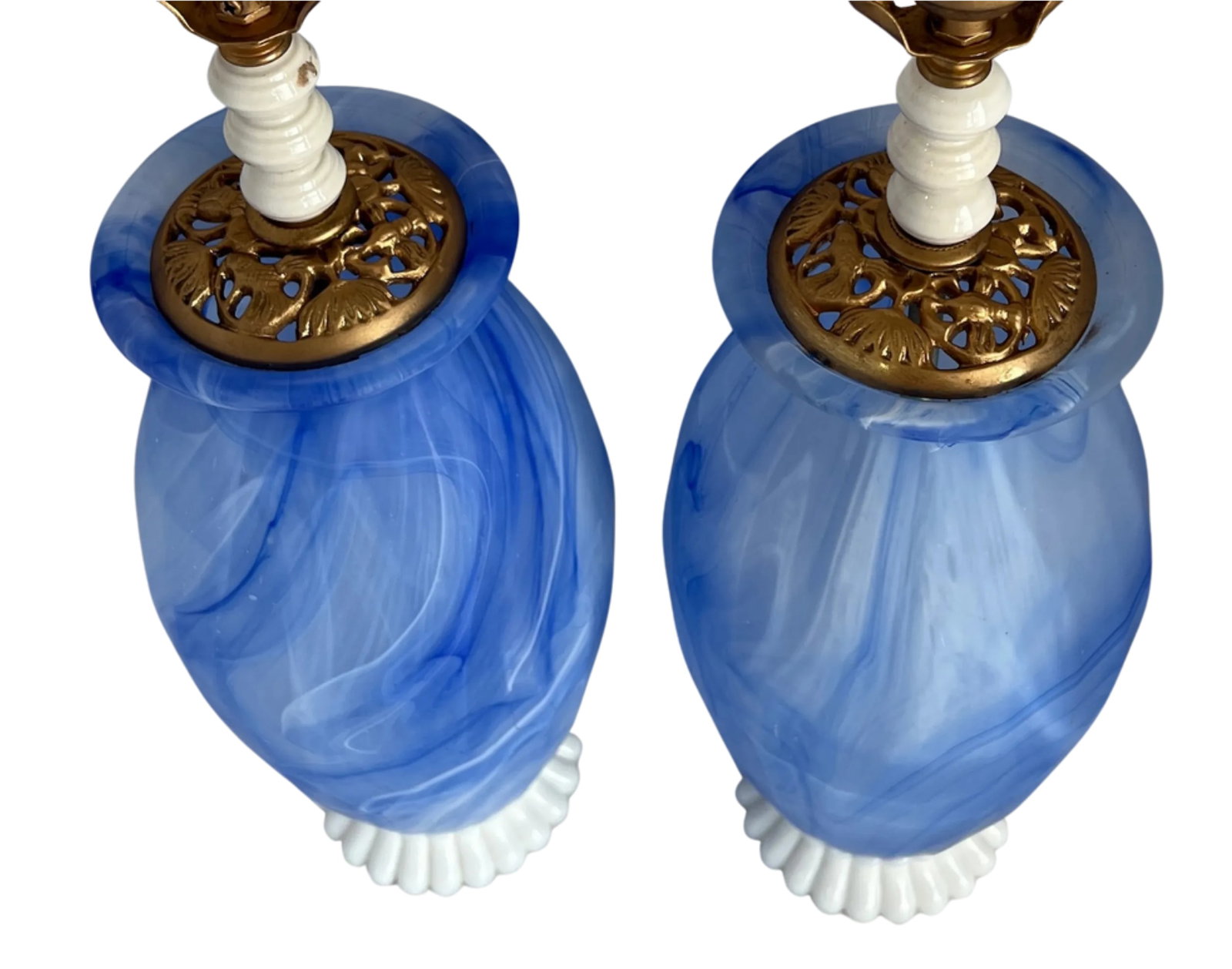 Art Glass Vetreria Swirl Frosted Blue Milk Glass Table Lamps- A Pair - 11