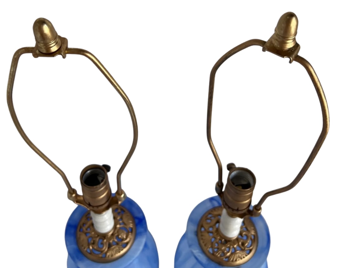 Art Glass Vetreria Swirl Frosted Blue Milk Glass Table Lamps- A Pair - 6